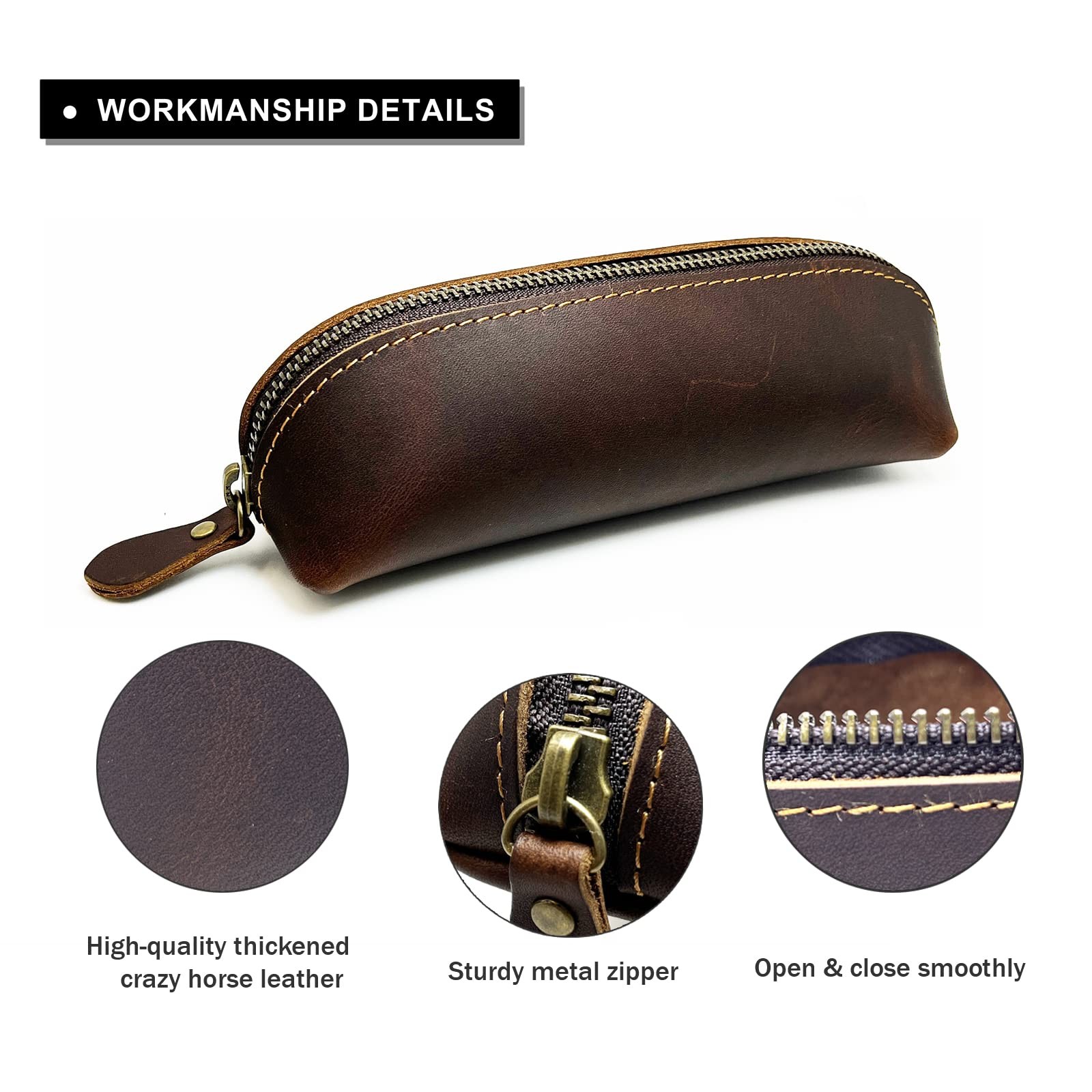 Leather Pen Case Pencil Bag Pouch With Zipper Pen Holders Handmade Genuine Le…