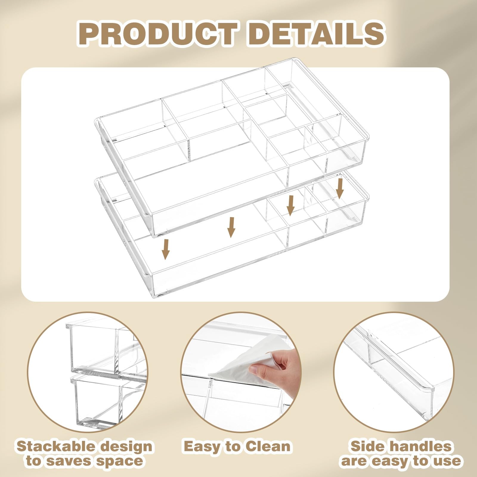 3 PCS Clear Acrylic Desk Drawer Organizer 13.7×8.7×2 Inch 8 Compartment Tray