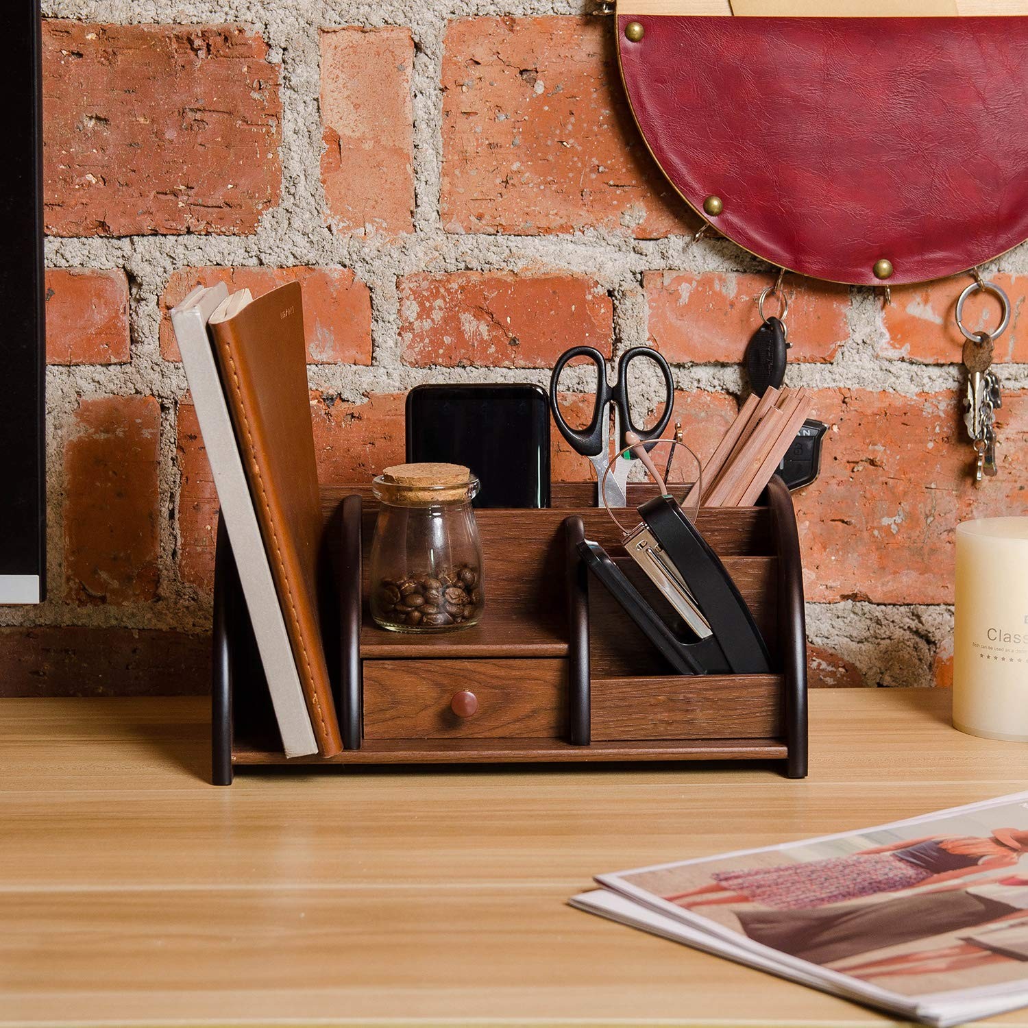 Liry Products Cherry Brown Wood Desktop Organizer Multiple Compartments Stepped