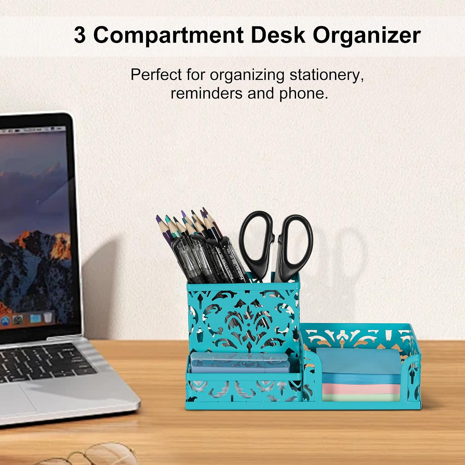 Desk Organizer with 3 Compartment for Pencil Sticky Note Holder and Office Acces