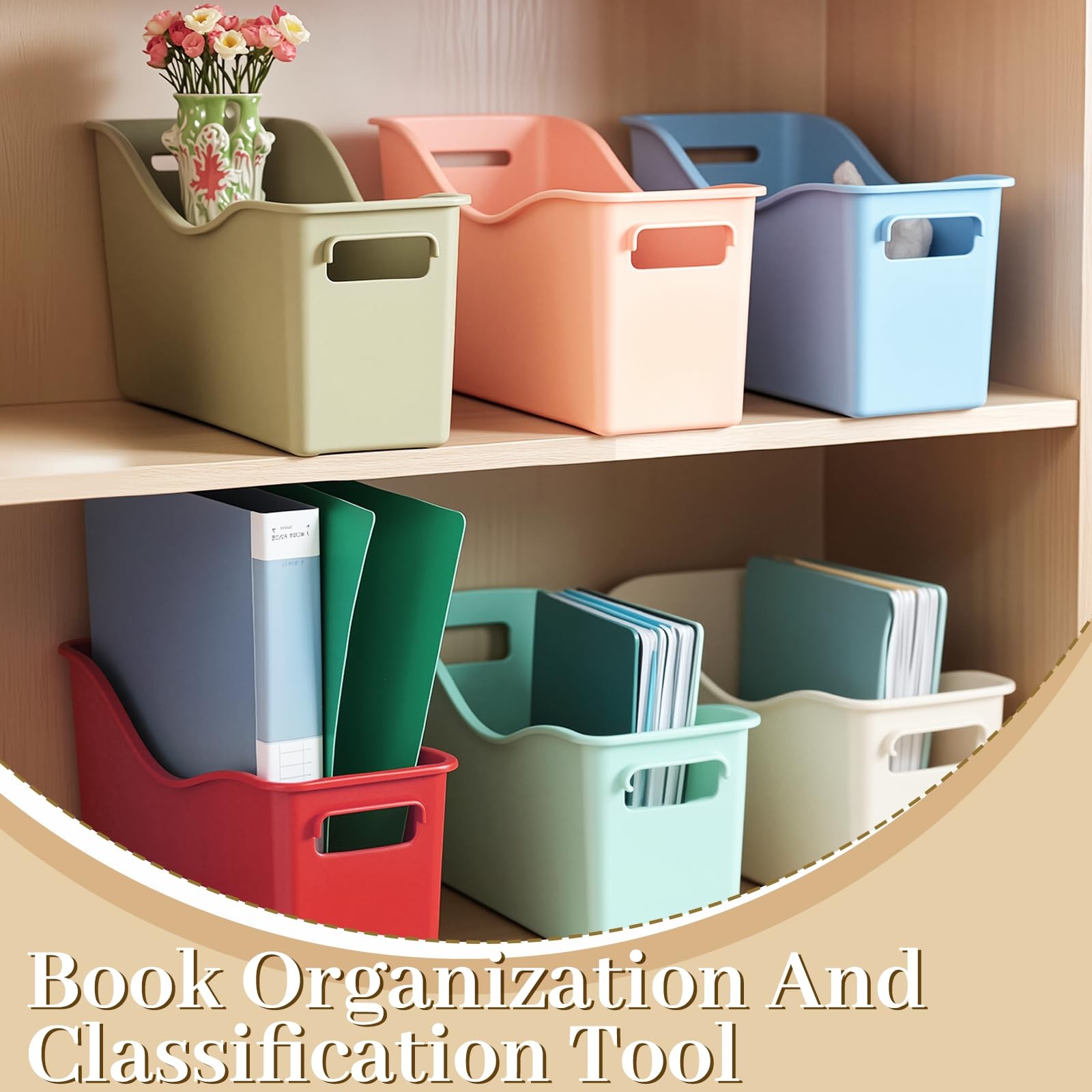 6 PCS Plastic Book Binder Holders Classroom Storage Bins with Handles 6 Colors