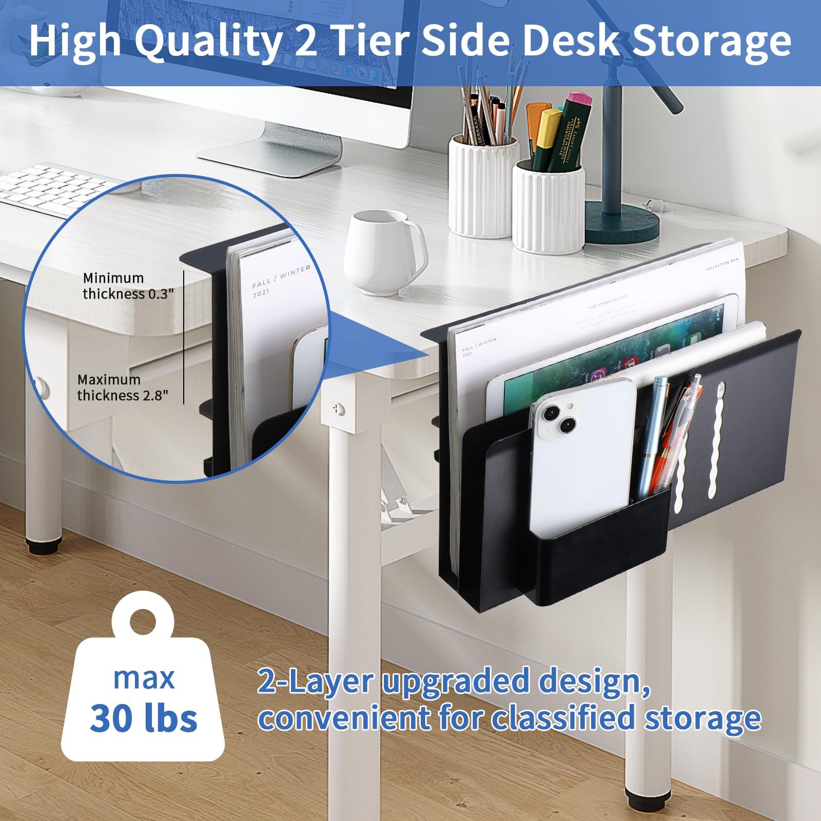 LUKETURE Desk Side Storage, 2 Tier Steel Hanging Organizer, L(2 Tier), Black