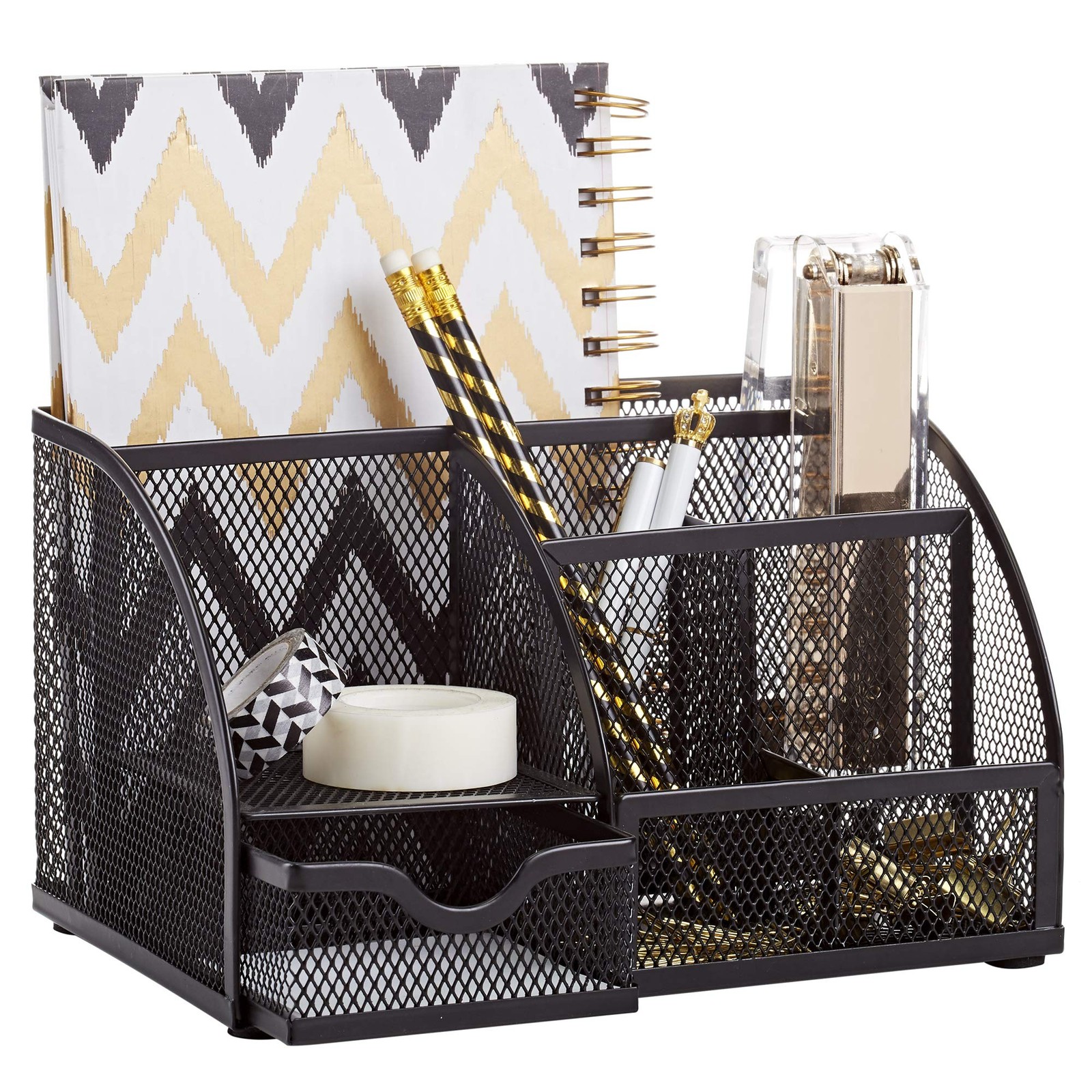 Annova Mesh Desk Organizer Office with 7 Compartments + Drawer/Desk Black