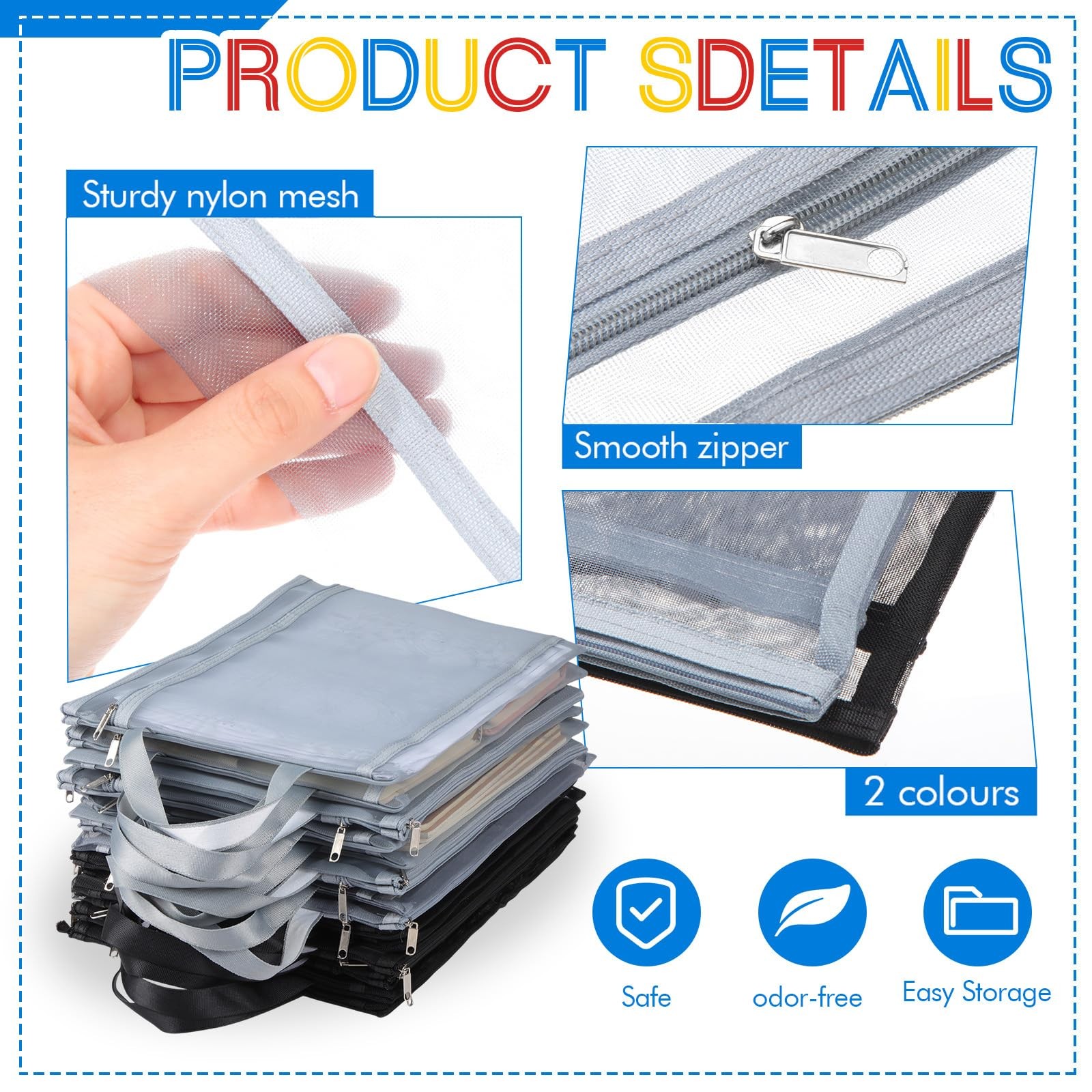 12 Pcs Double Layer Mesh Zipper Pouch Bags with Handles Black and Gray A4 Nyl…