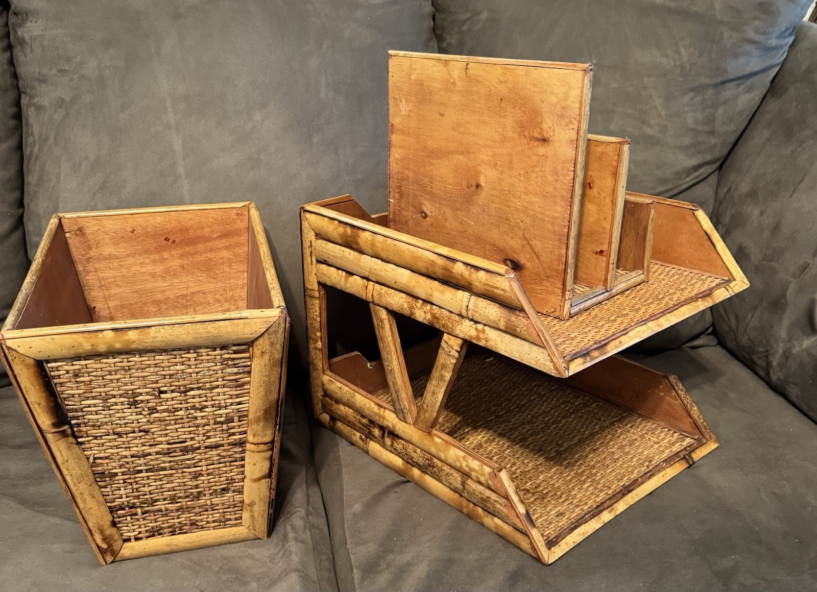 Vintage Coastal Boho Rattan Bamboo Desk Organizers And Trash Bin Set