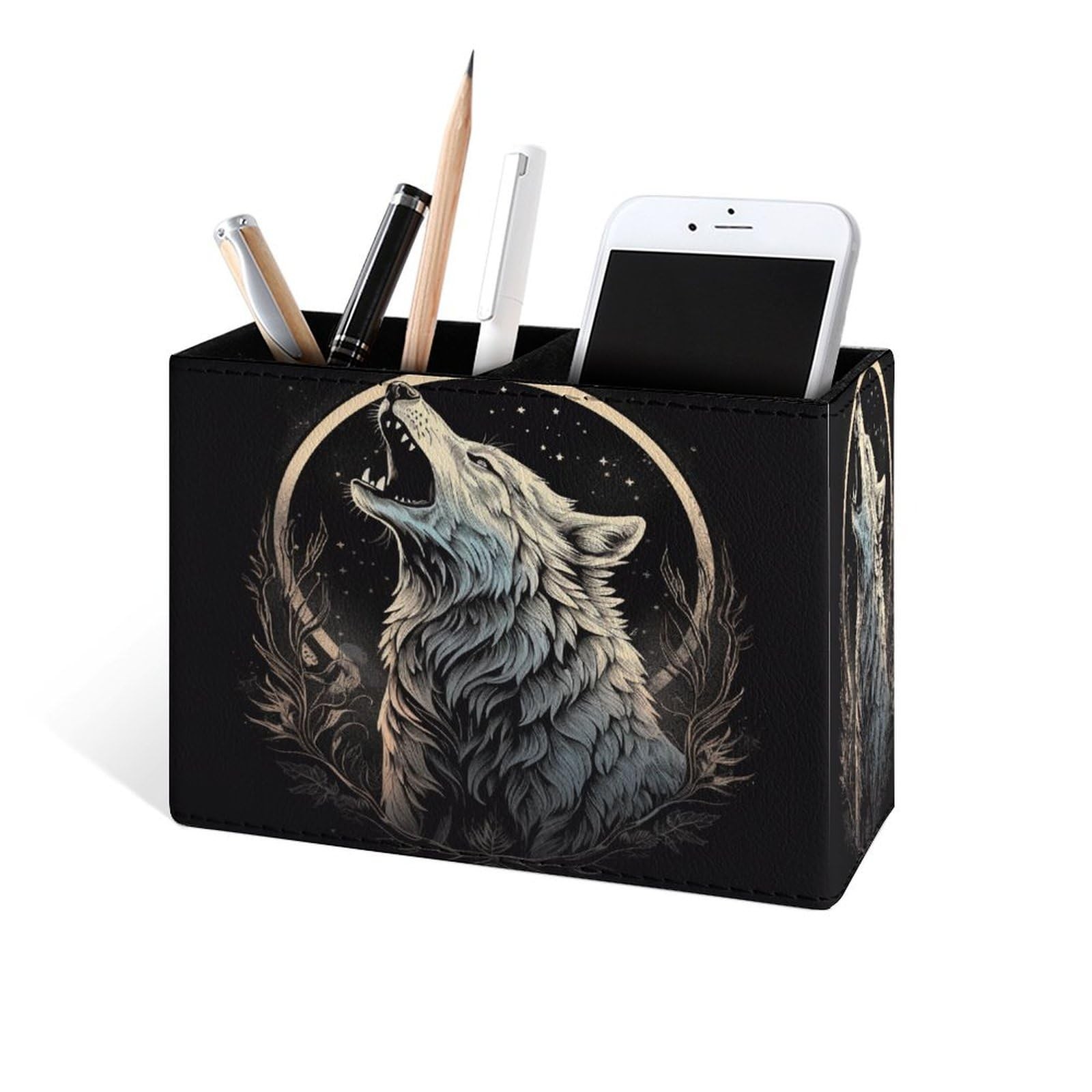 Howling Wolf Moon Pencil Holder for Desk, Leather Desktop Container Pen Cup S…