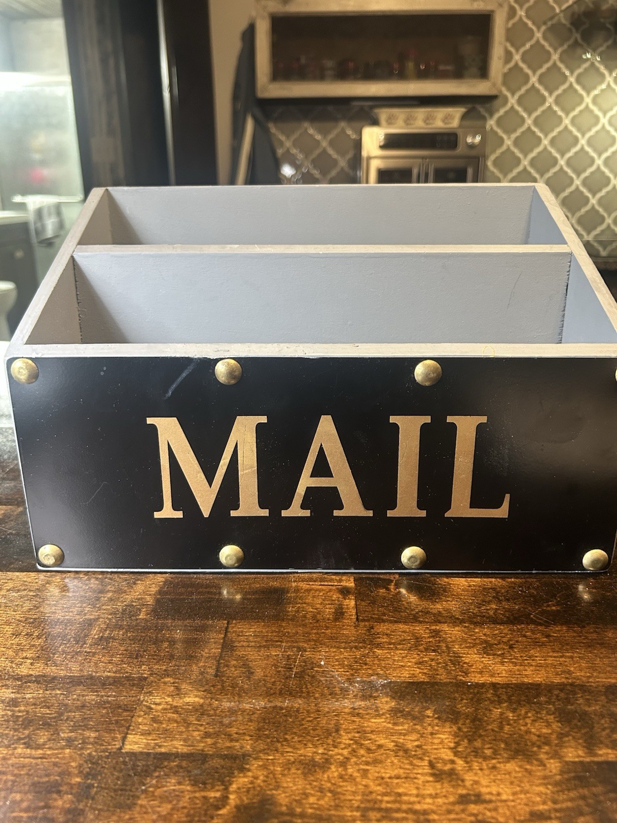 Rustic Wooden Mail Organizer Box Black w/ Gold Studs Desk Caddy