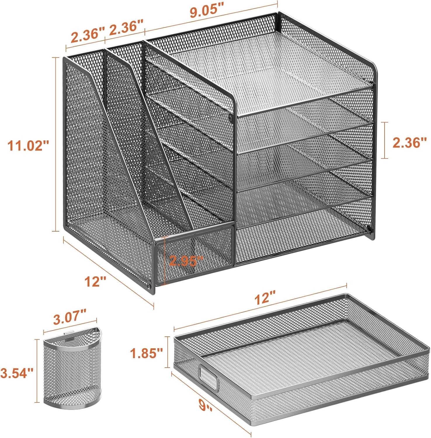 5-Tier Metal File Letter Tray Organizer with Drawer for Office Supplies Grey
