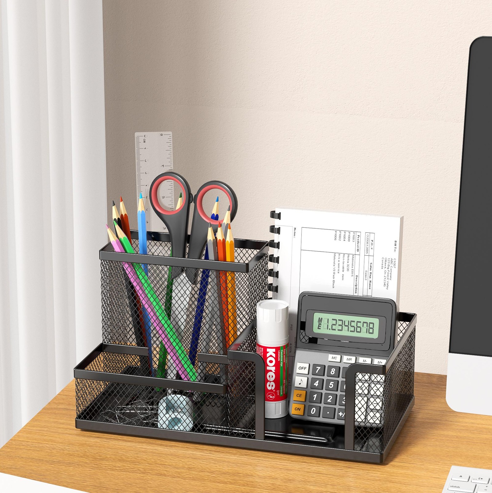 Black Mesh Desk Organizer 3 Compartments Pen Holder Storage for Office Supplies