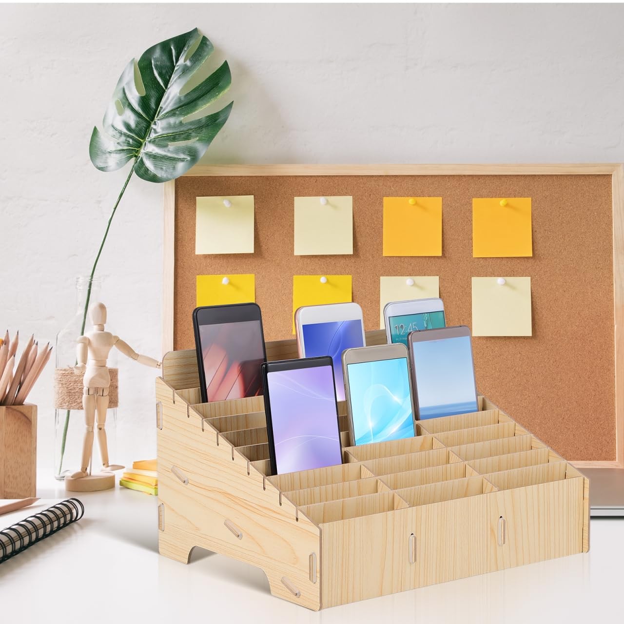 ULTECHNOVO 30-Slot Wooden Cell Phone Storage Box – Lockable Classroom Khaki