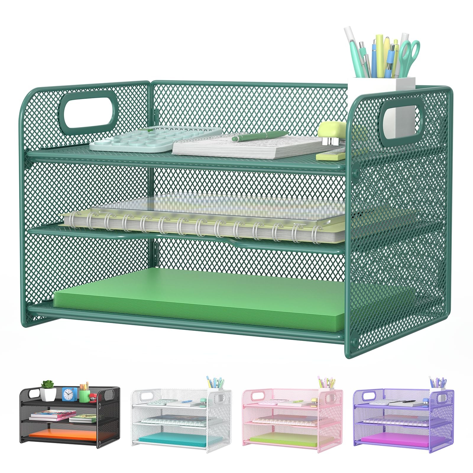 Green 3~Tier Mesh Desk Organizer Letter Tray with Handle