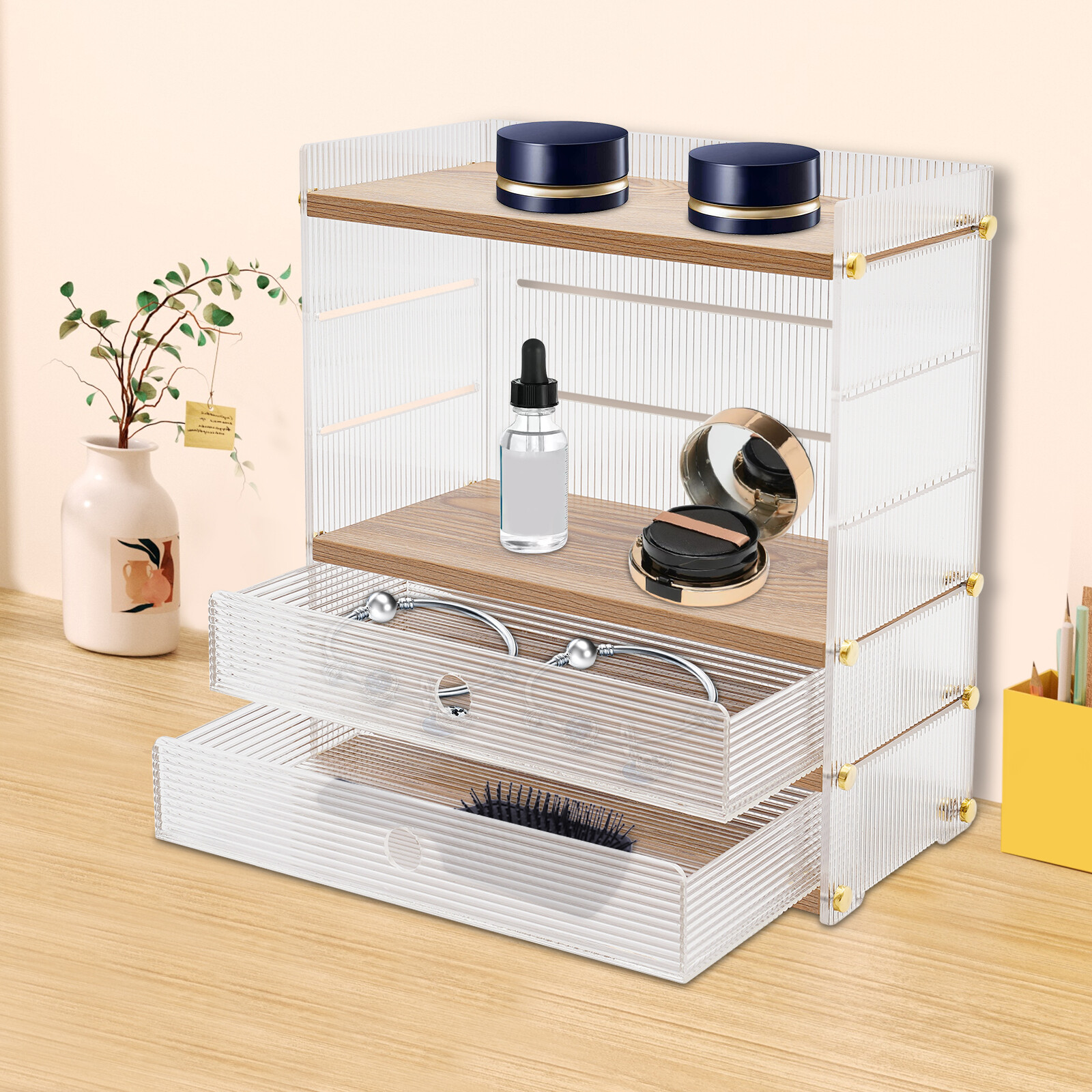 4 Tier Wood Desktop Organizer Clear Show Shelf Adjustable Desk Stroage W/ Drawer