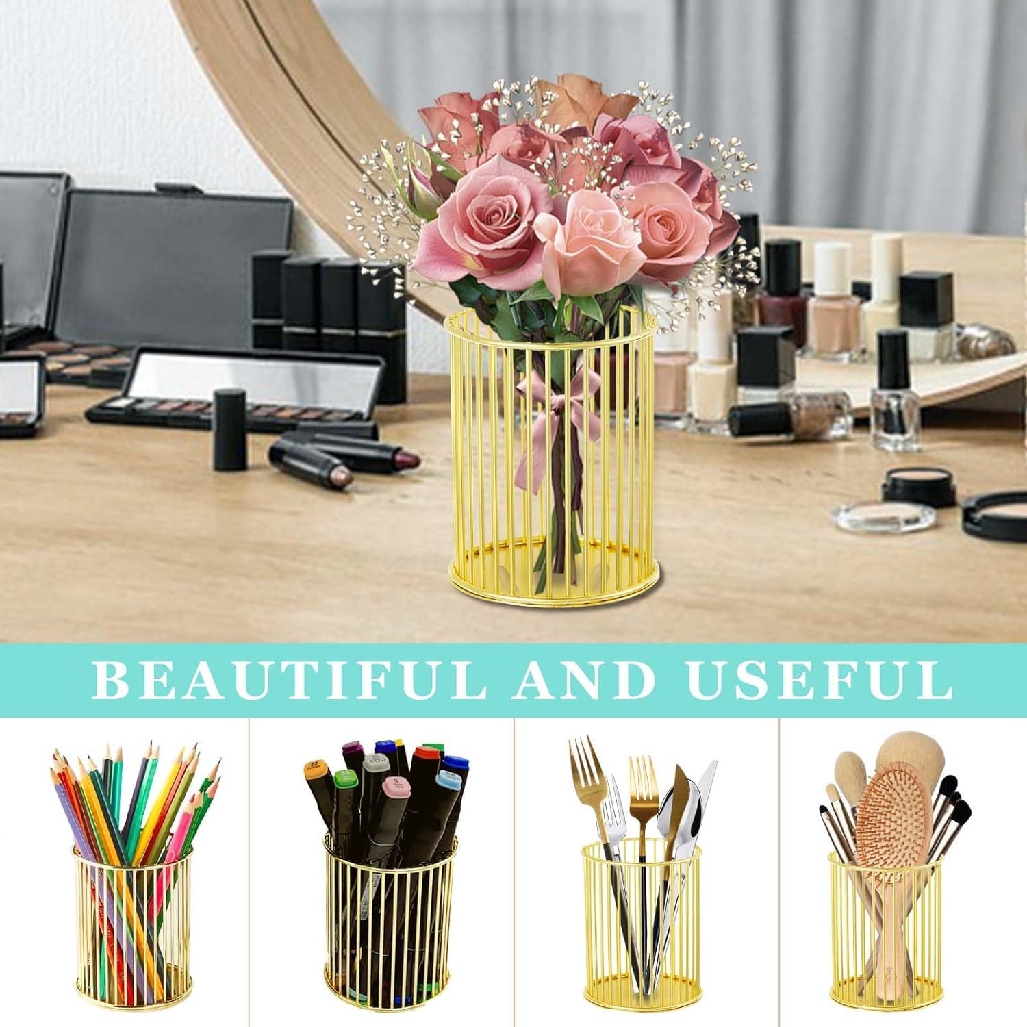 2Pcs Post sticky Note Holder + Pens Holders,Desk organizer sets,Gold Metal su…