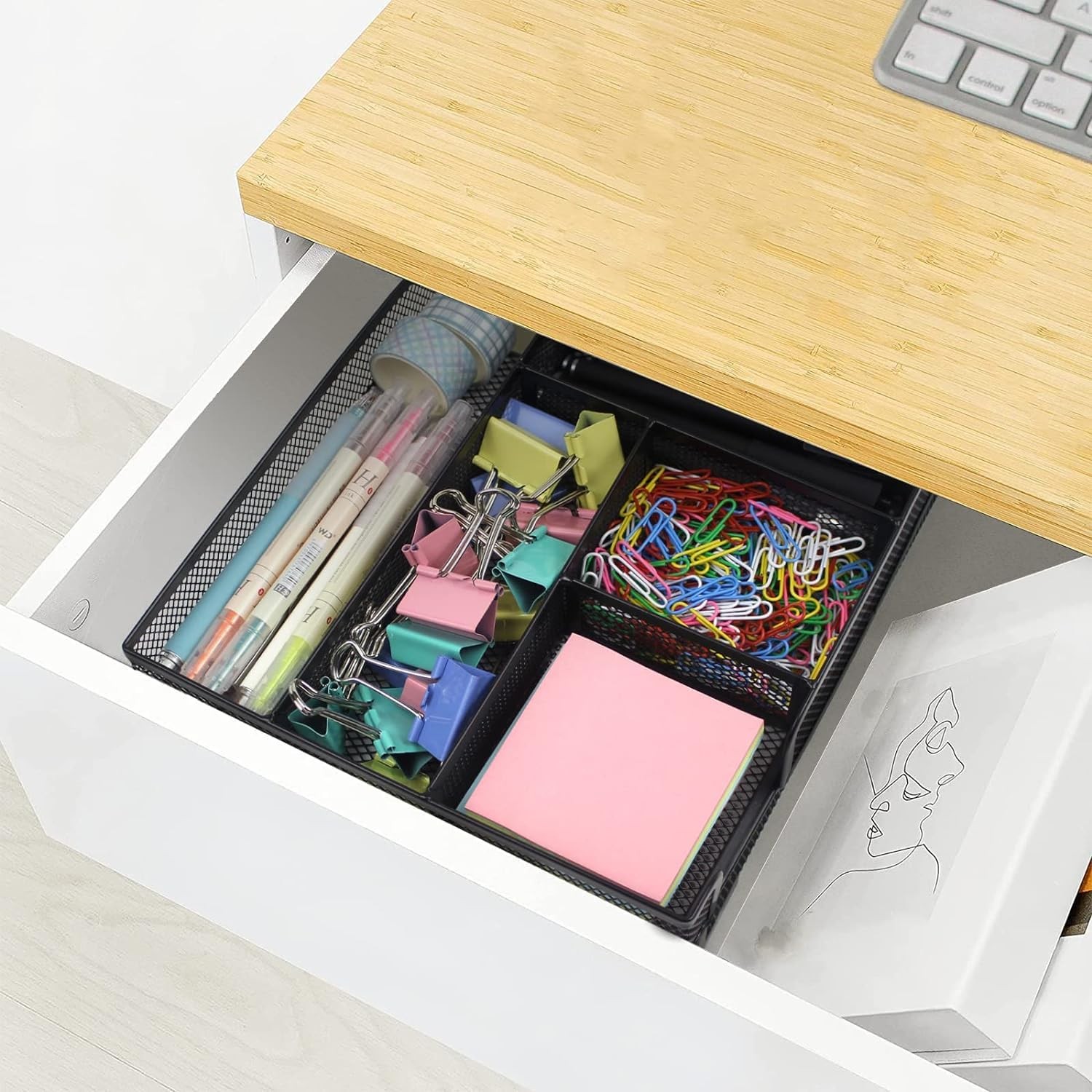 Noamus 2 Pack Desk Drawer Organizer, Metal Mesh Office Tray, 6 Black