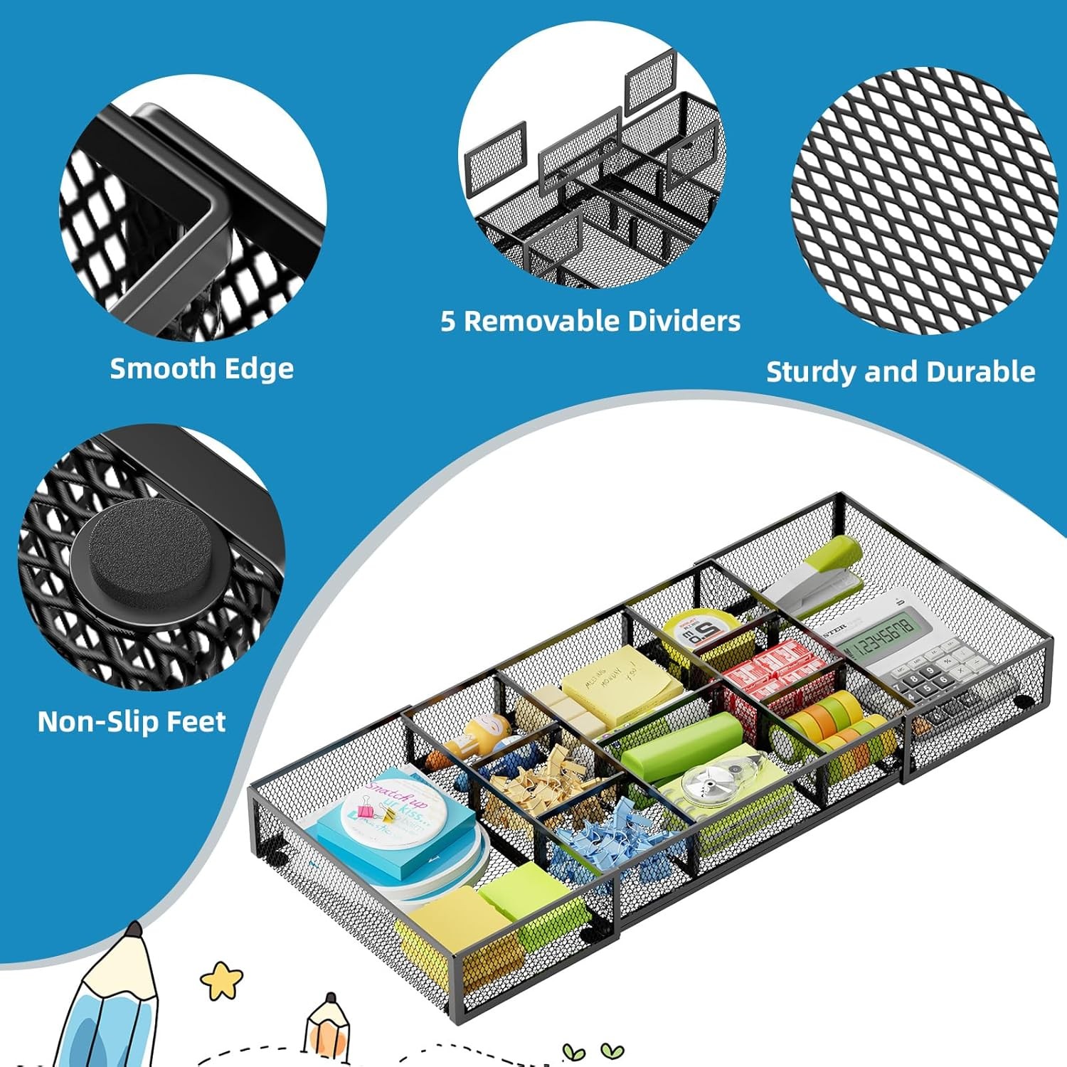 Expandable Desk Drawer Organizer, Mesh Drawer Organizer Tray with 10 Compartment