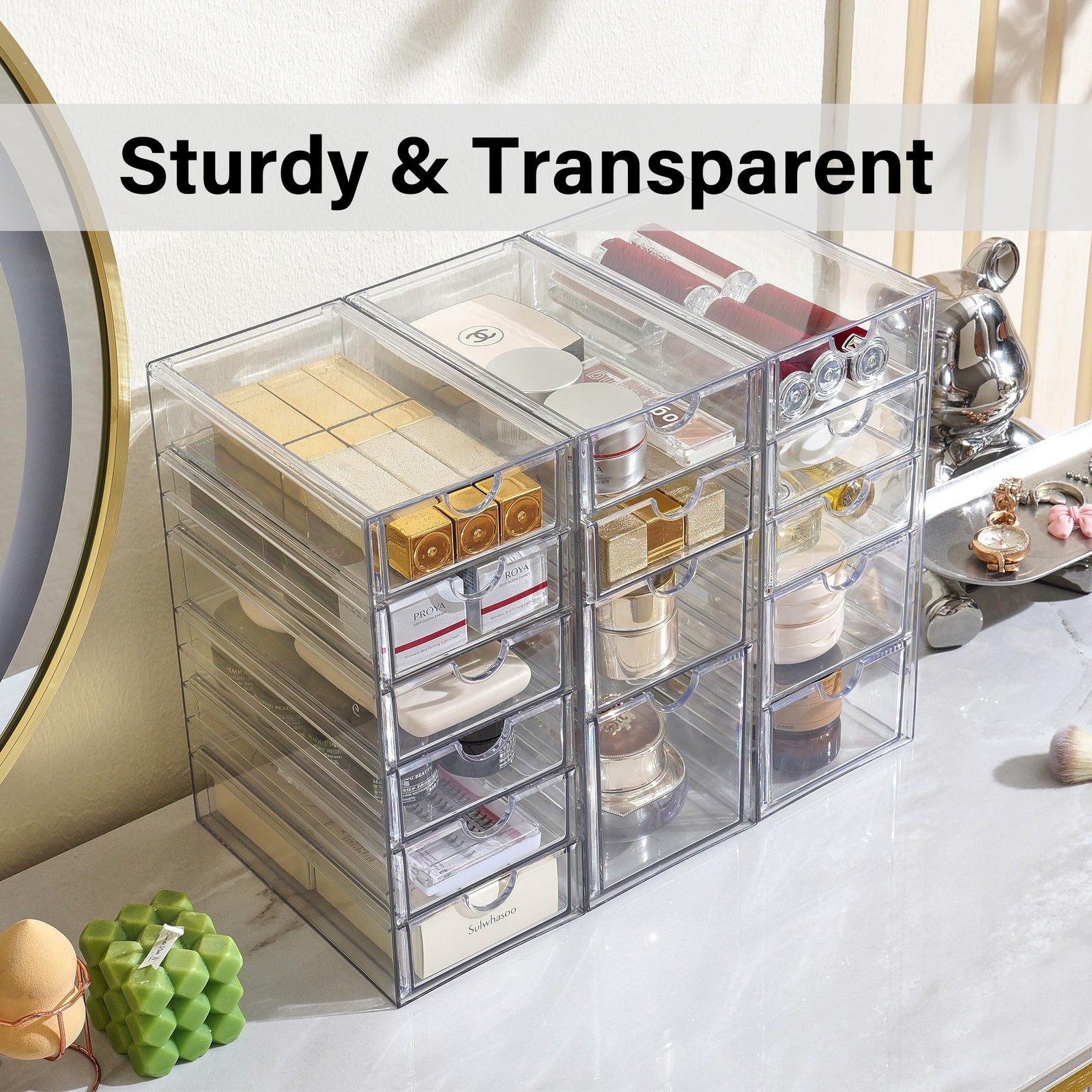 Prsildan Acrylic Drawer Organizer with 15 Drawers, Makeup Craft Transparent