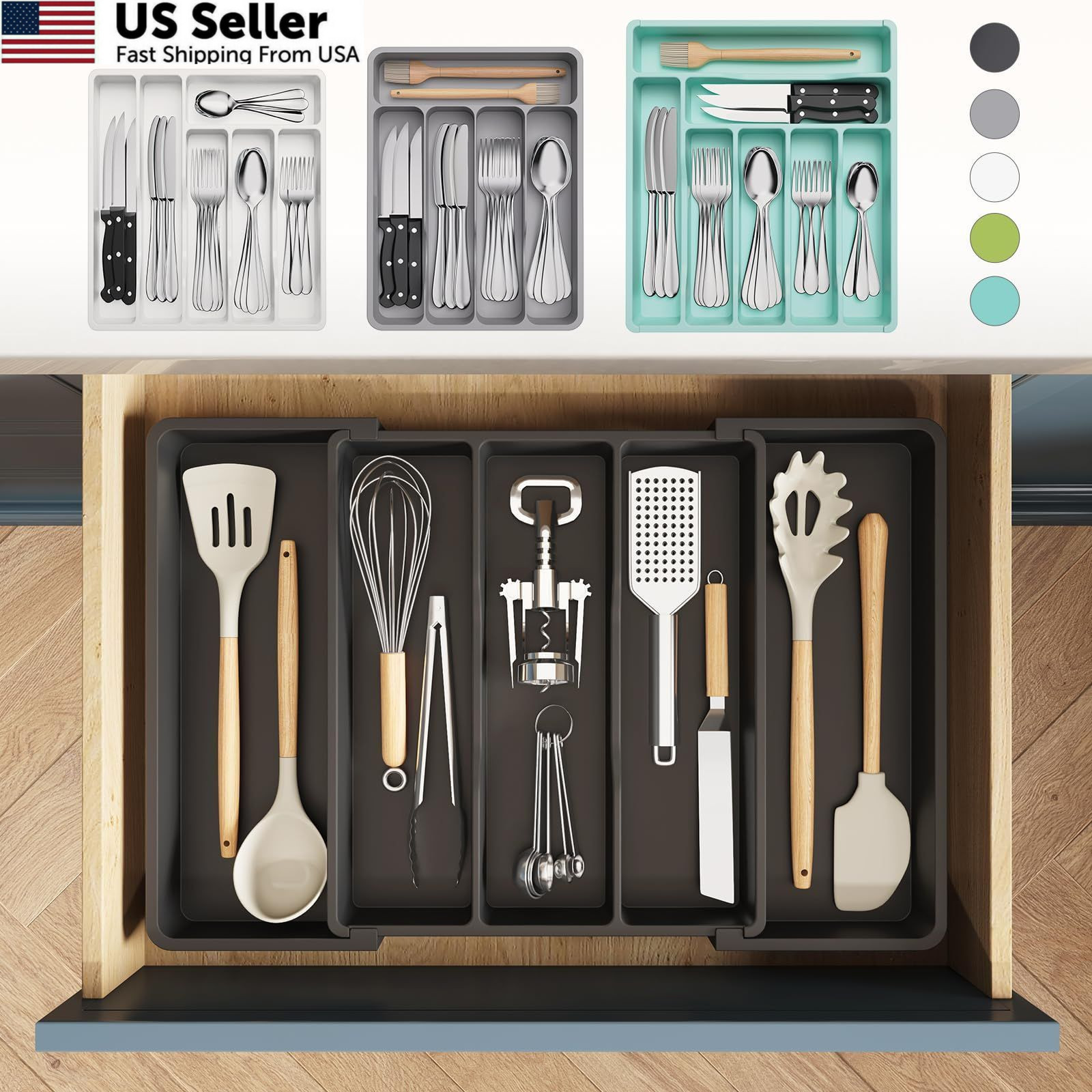 Lifewit Utensil Organizer for Kitchen Drawers, Large(13-22”W x 15″D), Black
