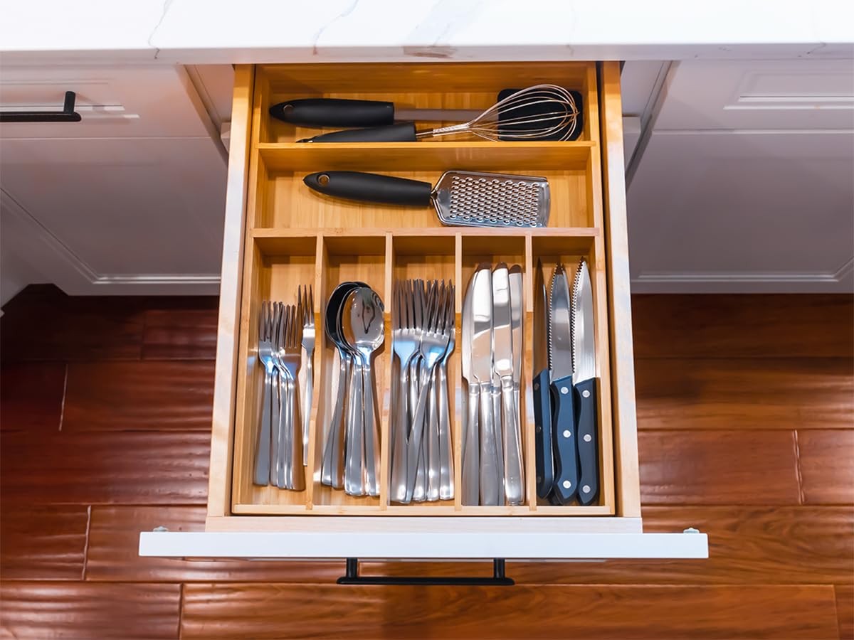 Bamboo Kitchen Drawer Organizer, 13 Inch Silverware Utensil Tray Holder, Extra