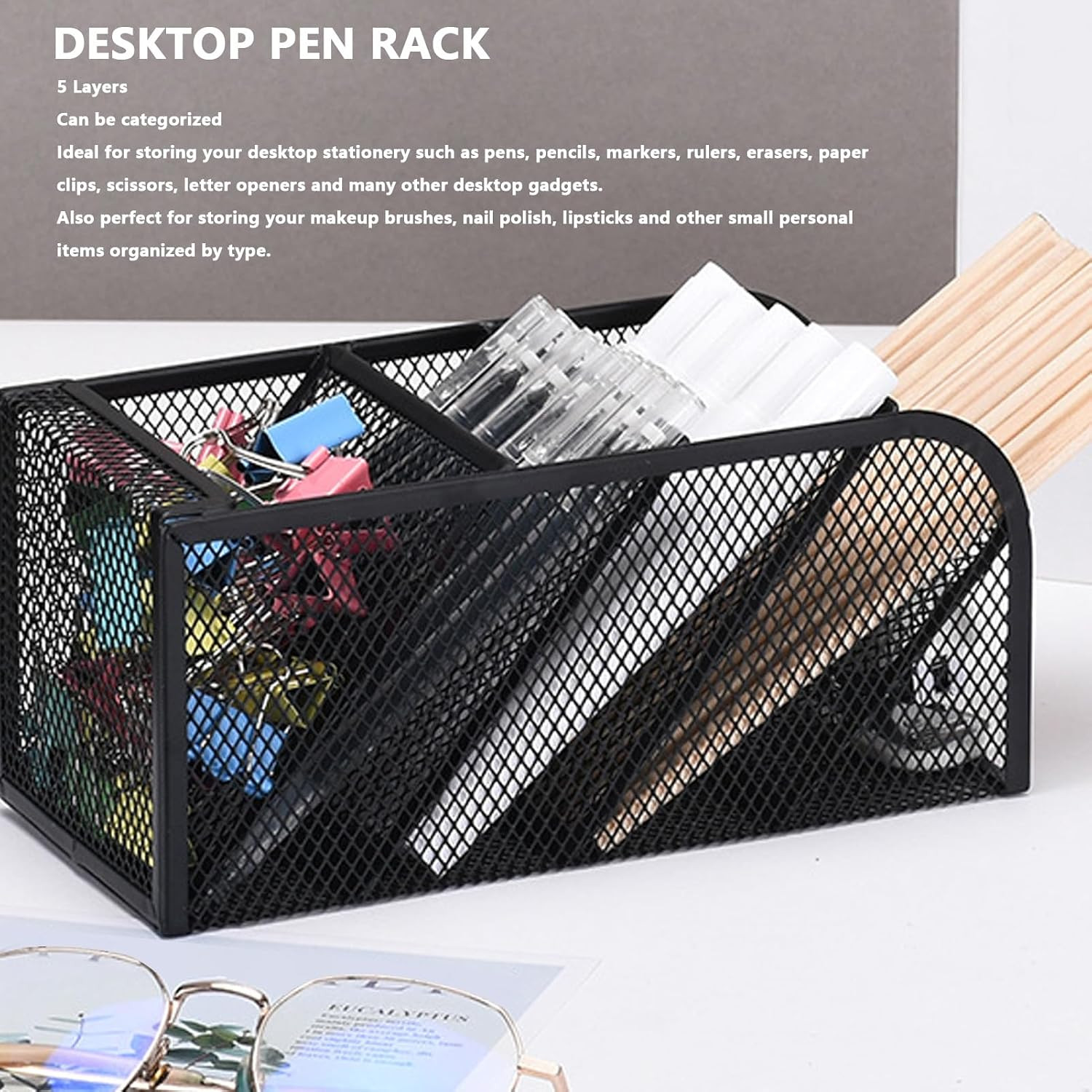 Metal Mesh Desk Organizer, 5 Tier Multifunctional Pen Holder Pencil Cup with 5 C