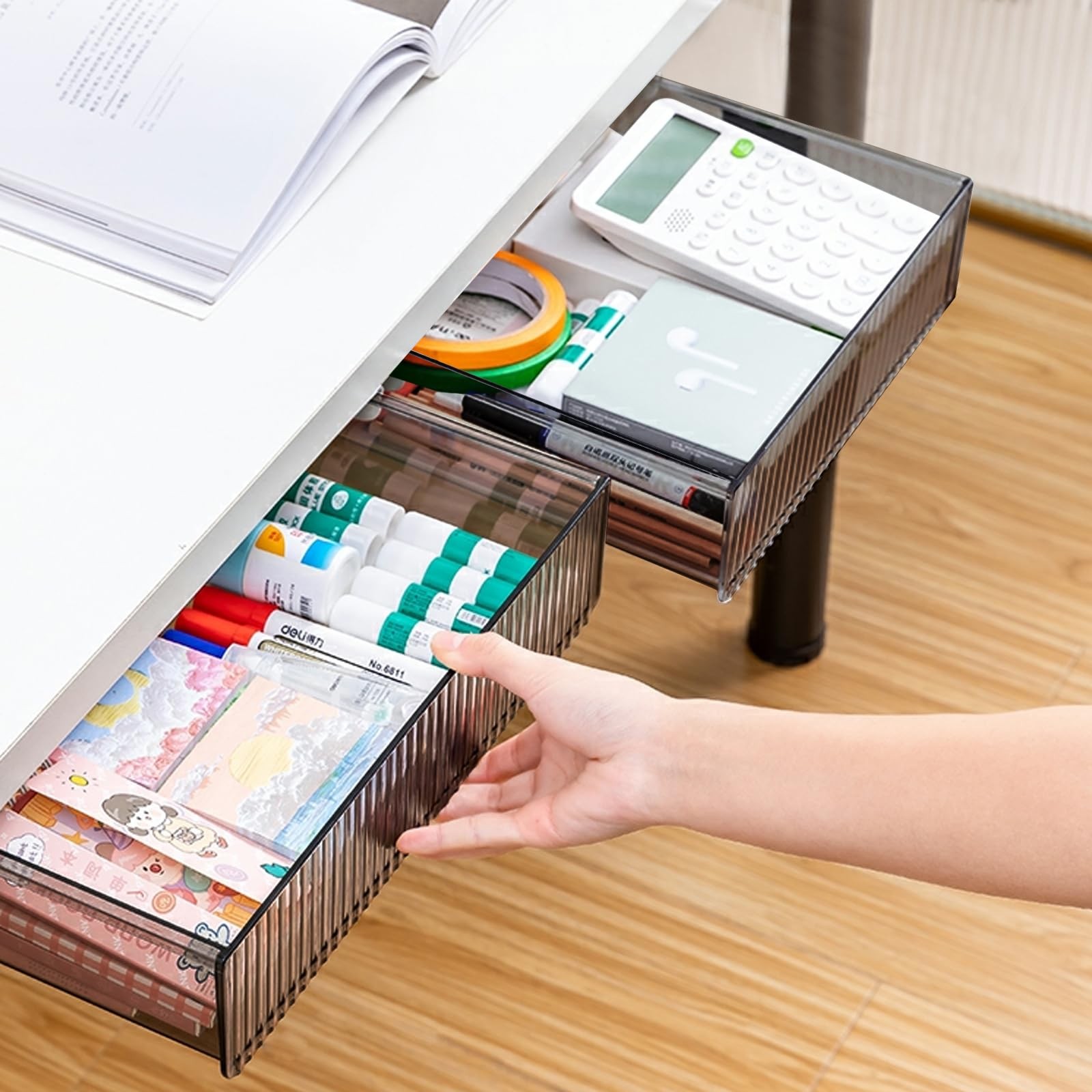 2Pcs Under Desk Storage Drawers Slide OutLarge&Medium Stick On Desk Drawer Or…