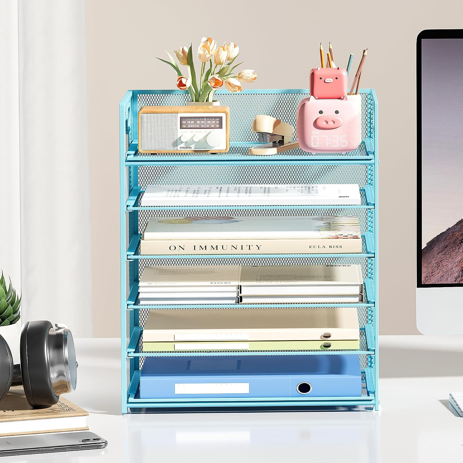 6 Tier Office File Paper Desk Tray Organizer with Handle, Stackable Slide Mesh L