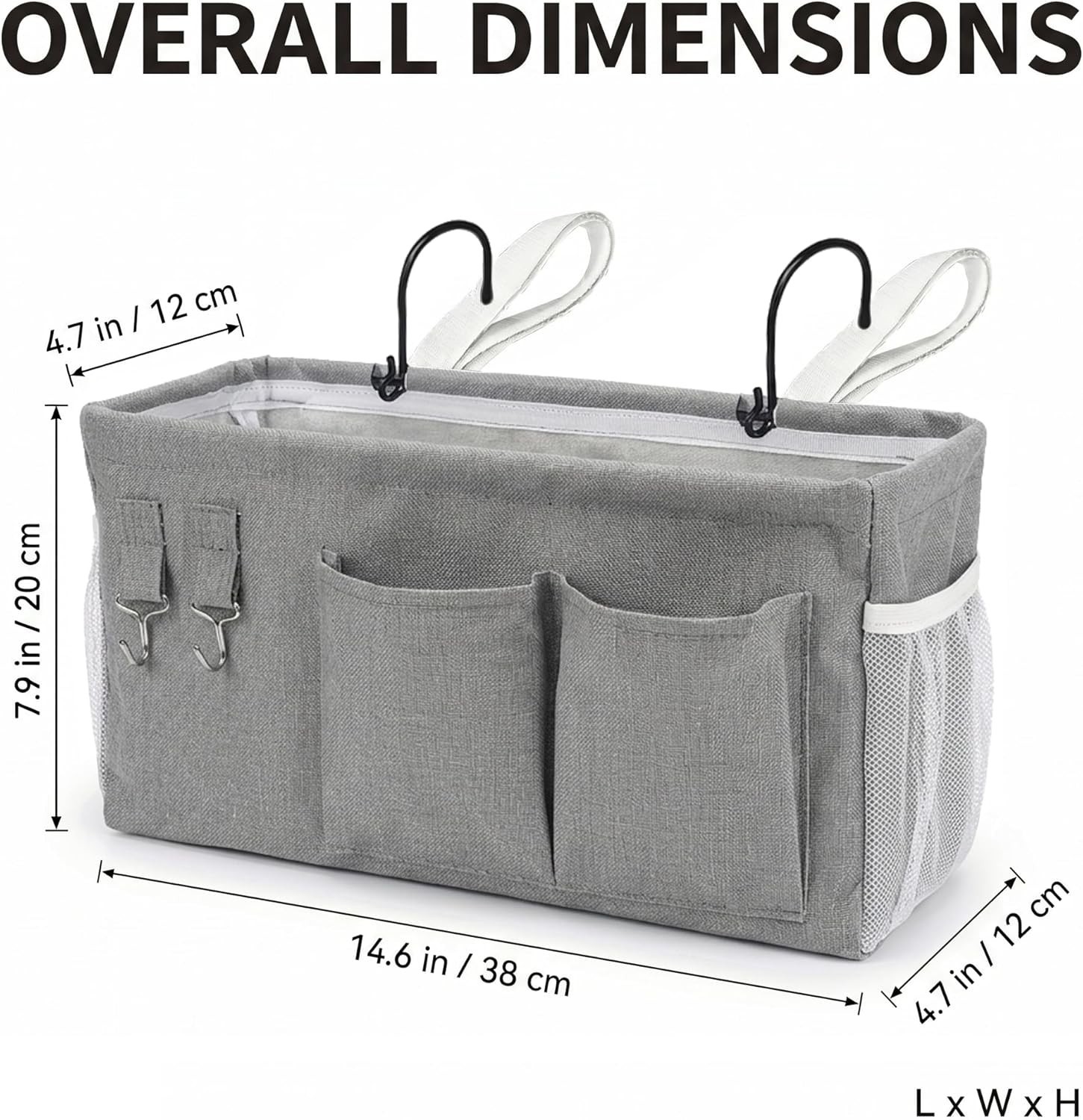 1pc Bedside Caddy Organizer with Hooks, No-Sagging Canvas Hanging Bed Pocket …