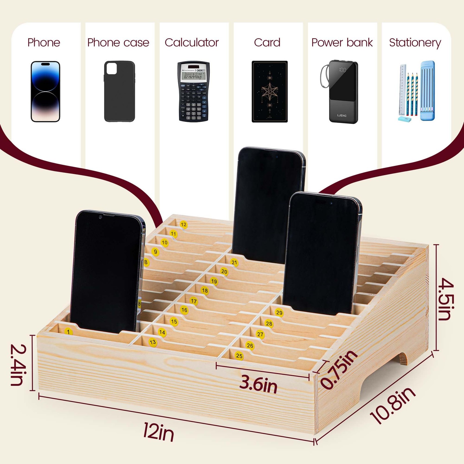 36 Grid Classroom Cell Phone Holder Storage Box Wooden Calculator Caddy Office
