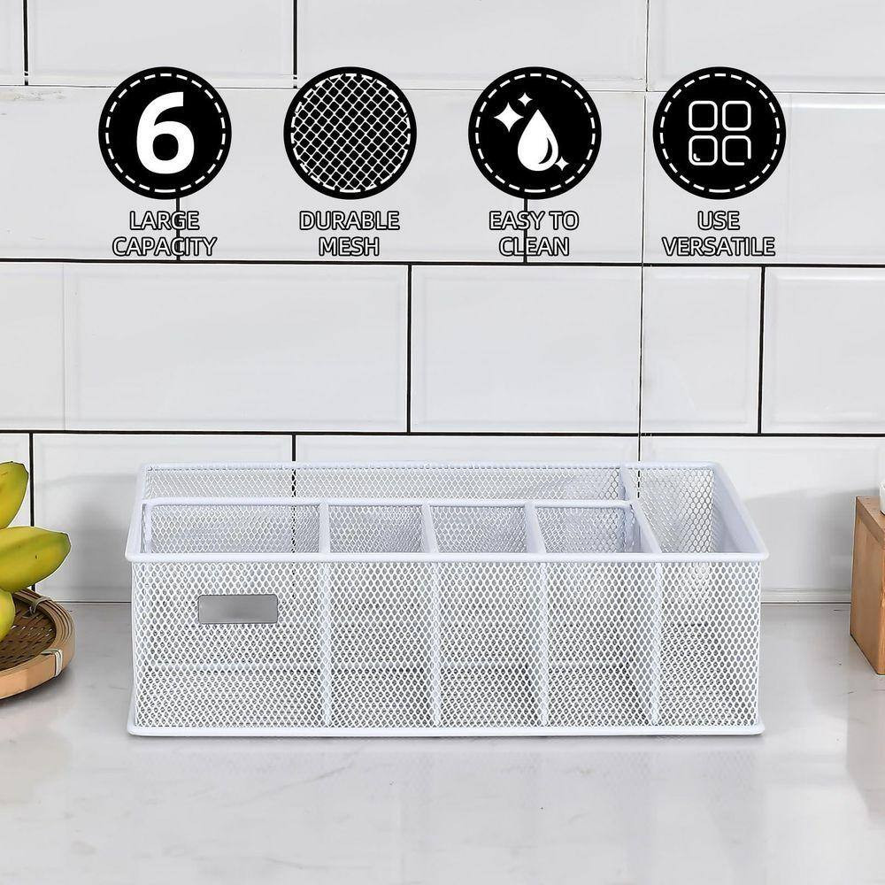 White Metal Paper Plate Organizer with 6 Compartments for Cups, Utensils, Napkin