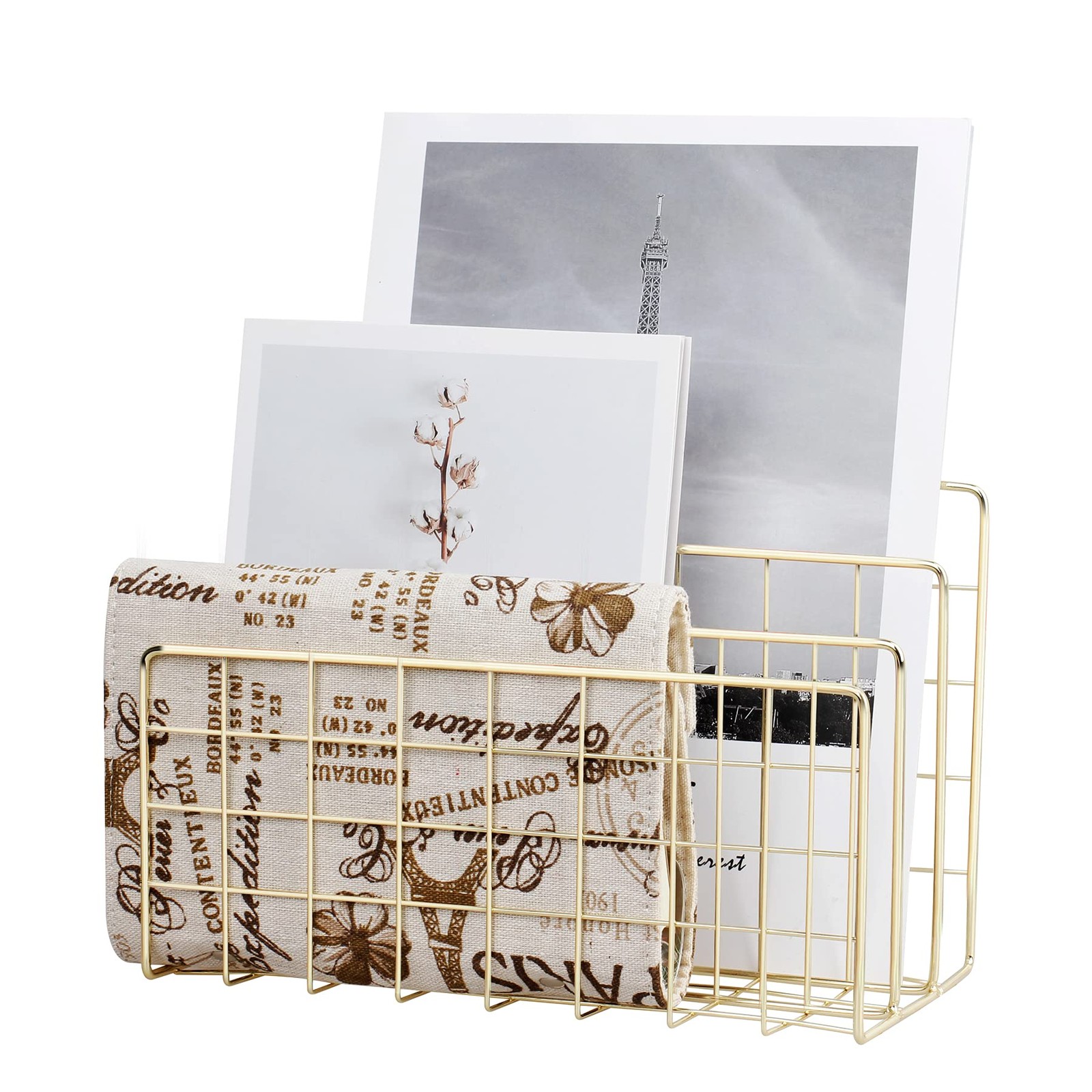 Desktop Mail Organizer Gold Metal Wire File Sorter Letter Magazine Rack 3 Slot