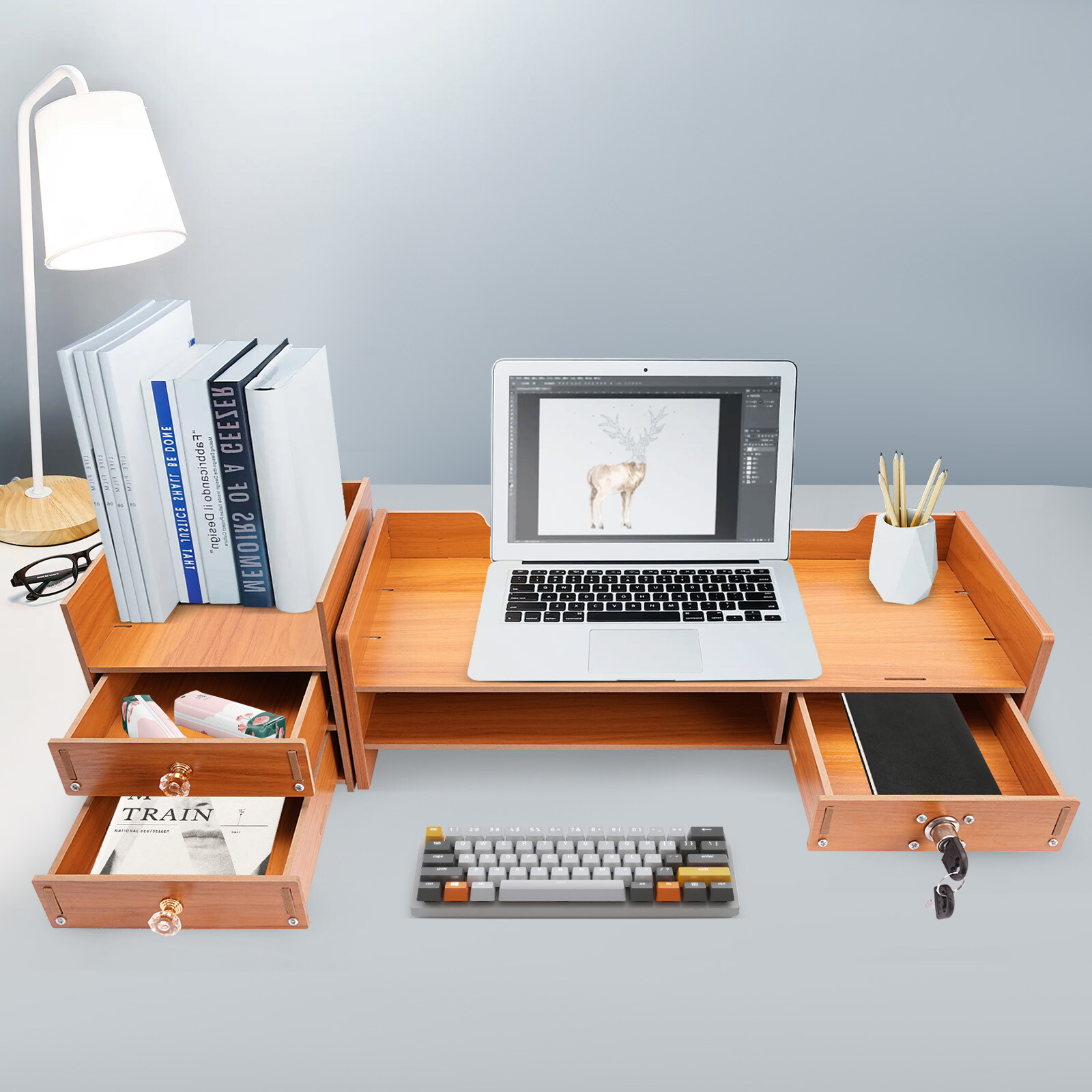Wooden Desk Organizer with Drawers Office Supplies Computer Desktop Tabletop