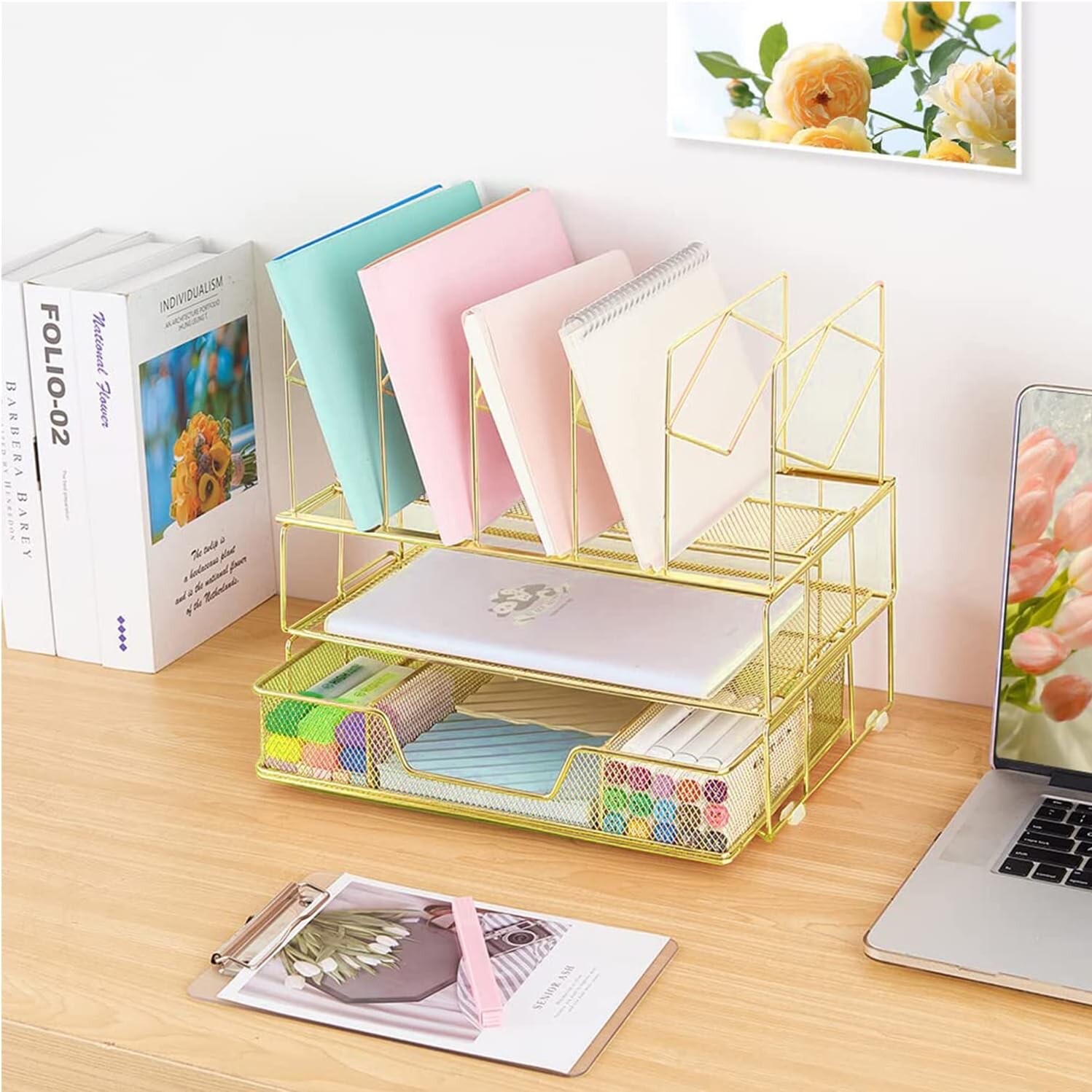 Mesh Desk Organizer with Sliding Drawer, Double Tray and 5 Upright Sections