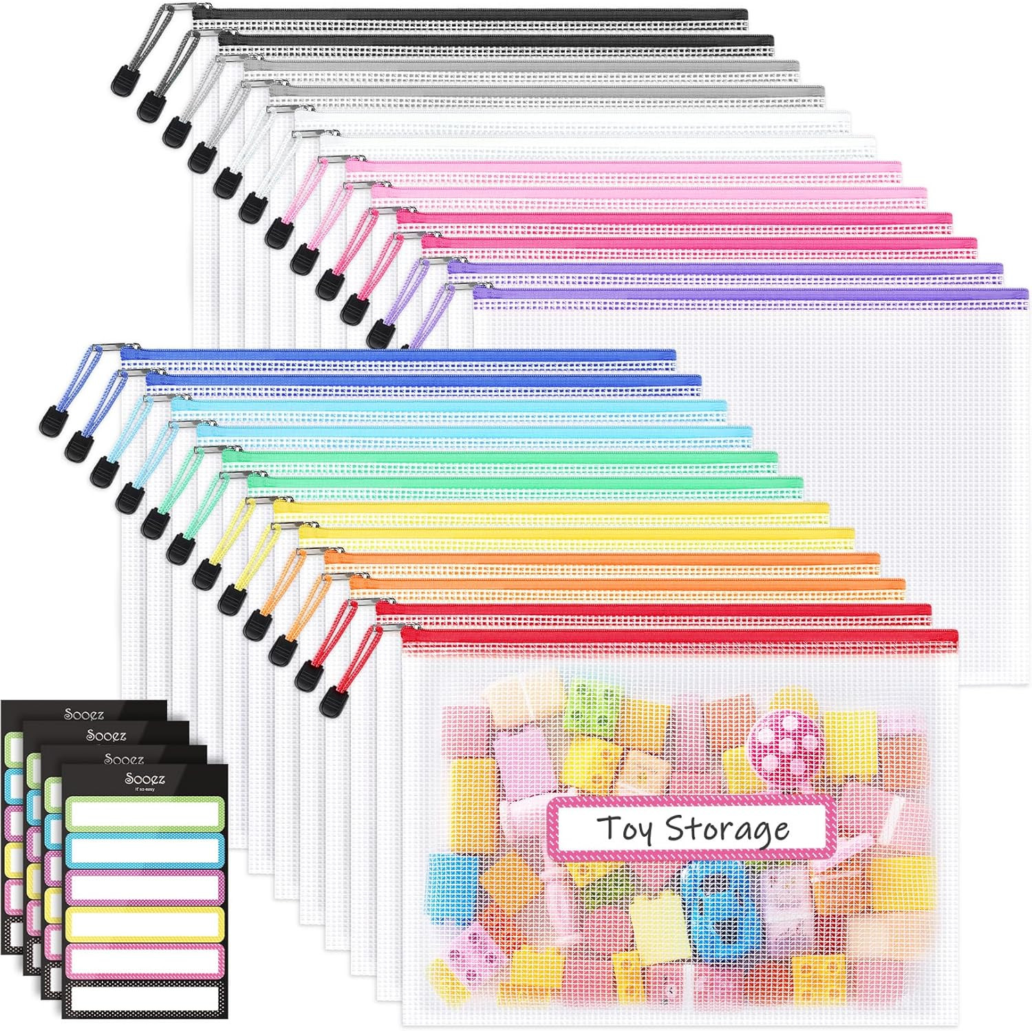 24 Pack Mesh Zipper Pouch with Sticky Labels, A4 Mesh Bags, Toy Storage Board Ga