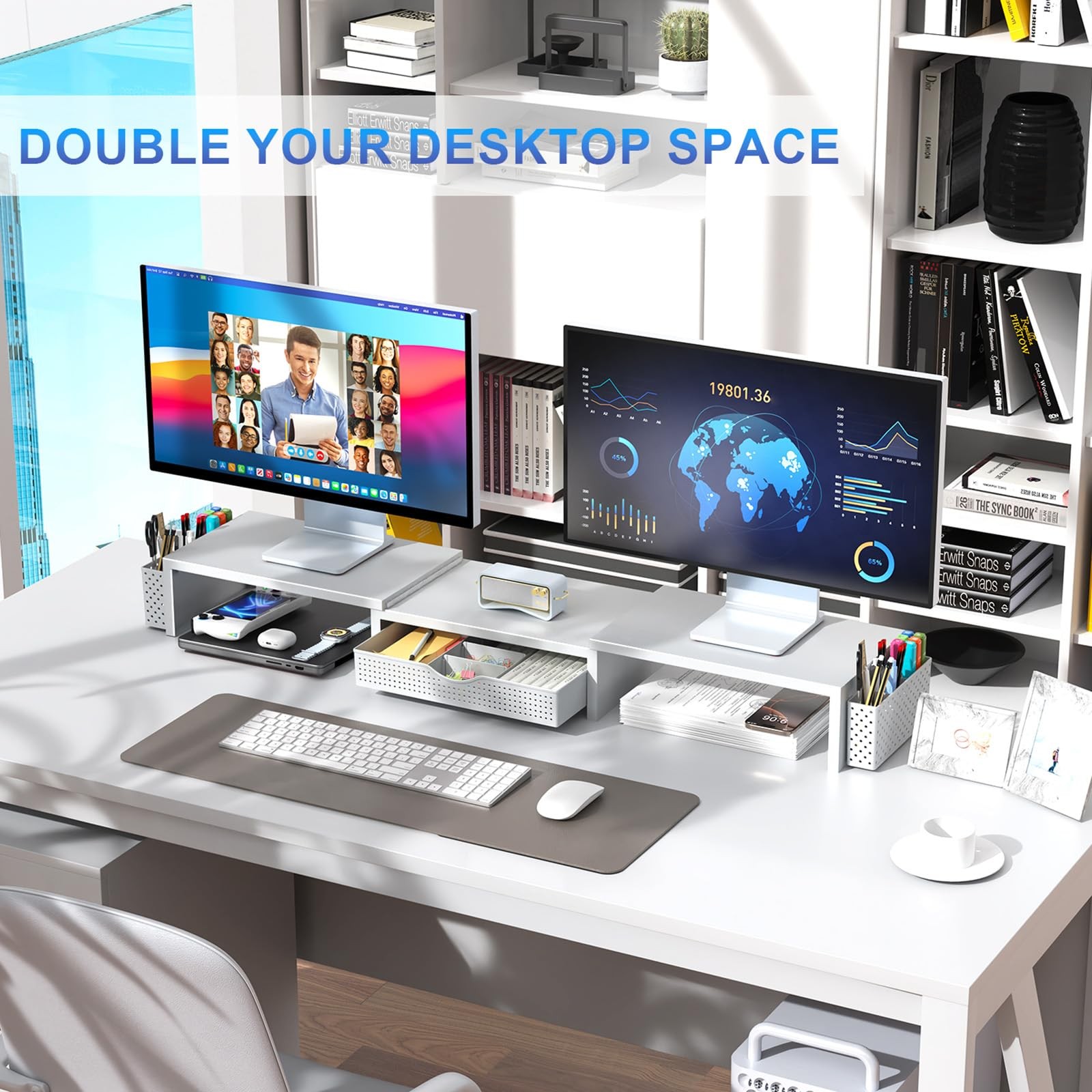 gianotter Dual Monitor Stand Riser, Desk Organizer With Drawer and 2 White