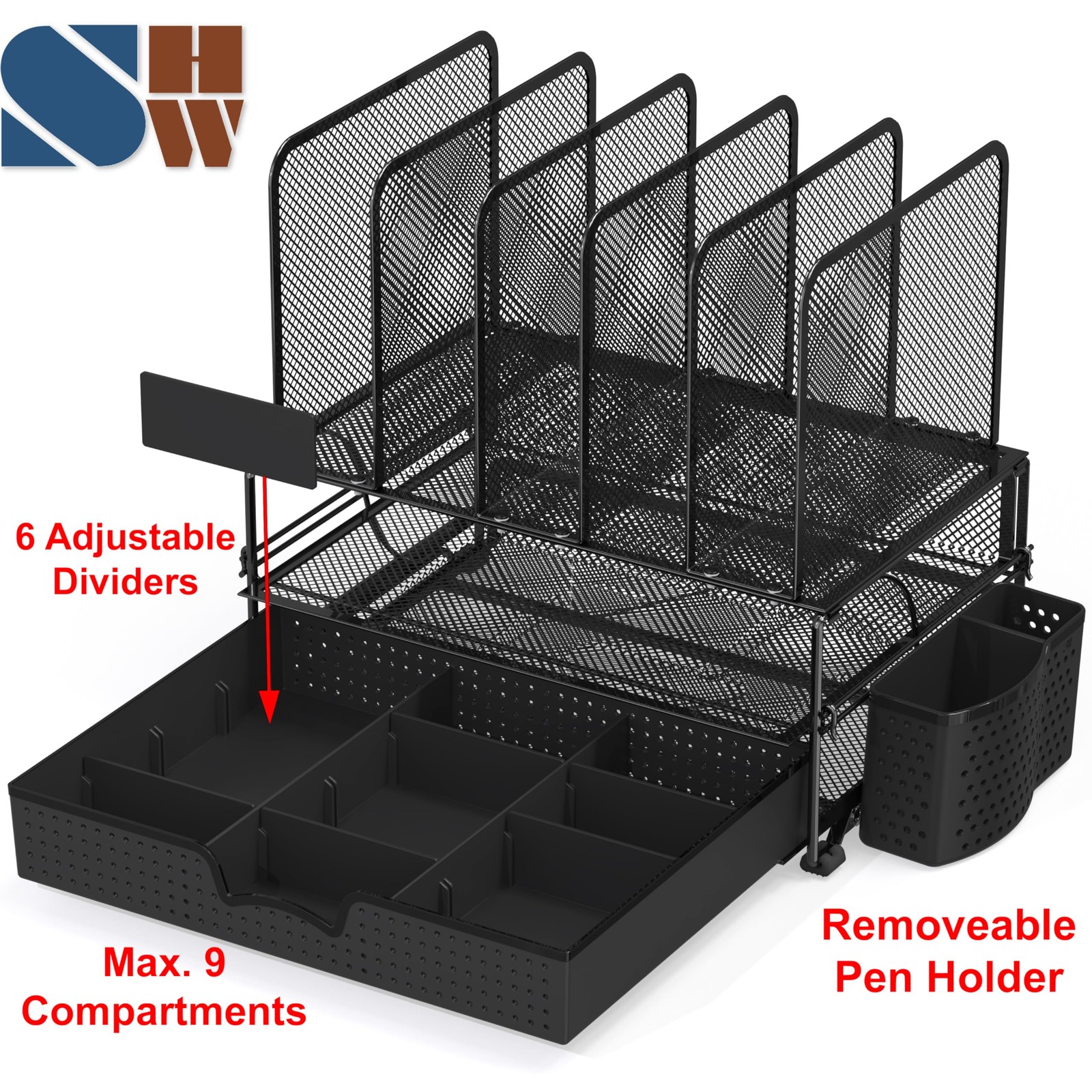 Mesh Desk Organizer with Sliding Drawer, Double Tray and 5 Upright Sections, …