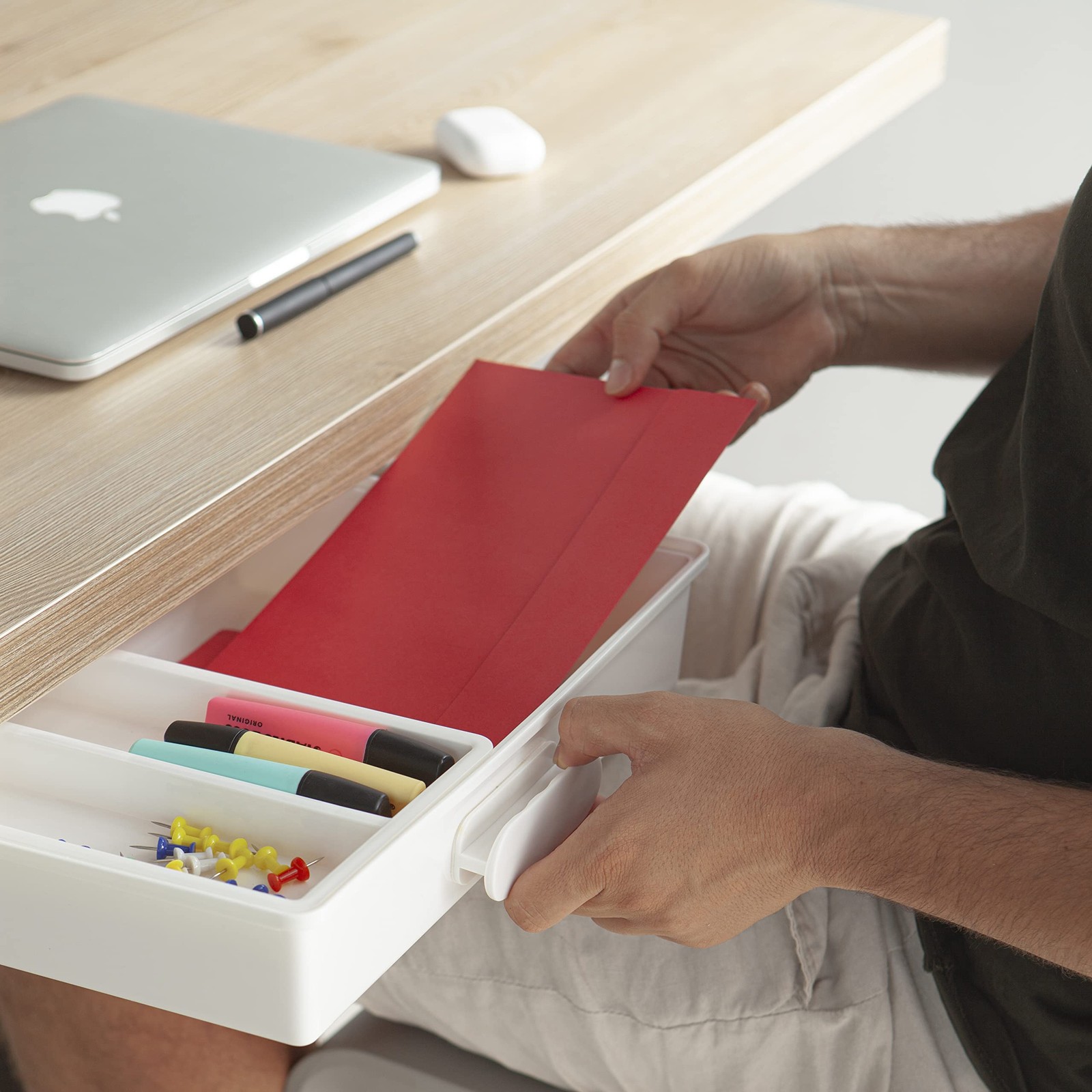 Under Desk Drawer Slide Out Hidden Organizer White 13.3×10.02×2.8 Inch