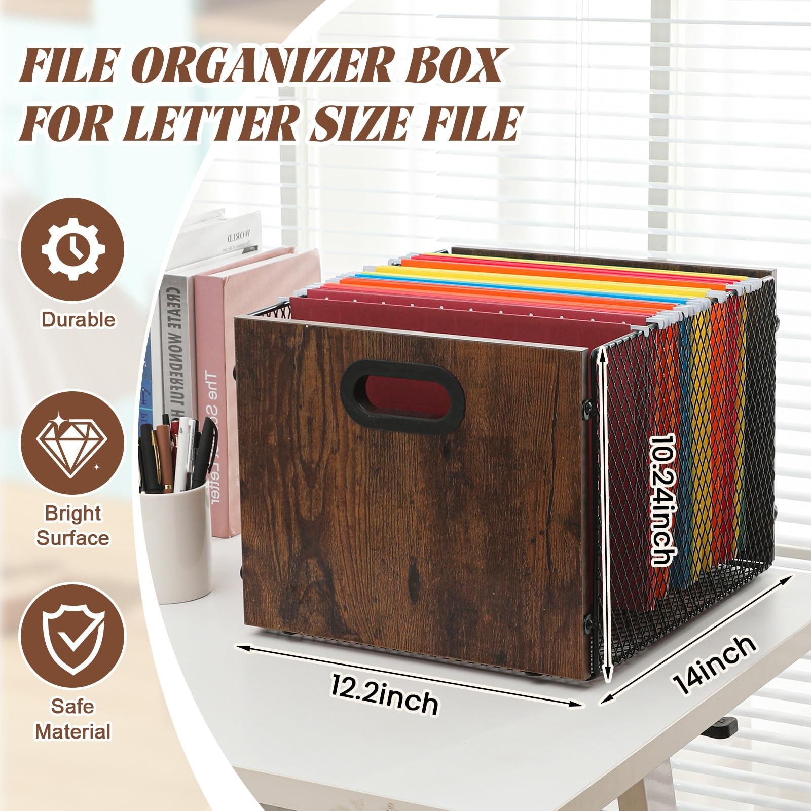 Yalikop Rustic Brown Wood File Box 13.98 x 12.2 x 10.24 inches, Black