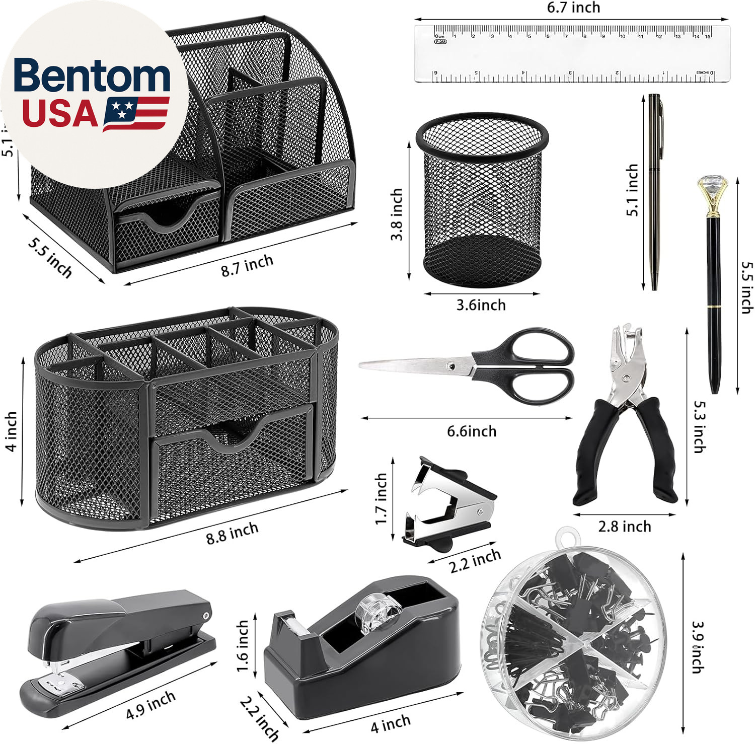 17 in 1 Black Desk Organizers and Accessories Set, 3 Office Desk Supplies Storag