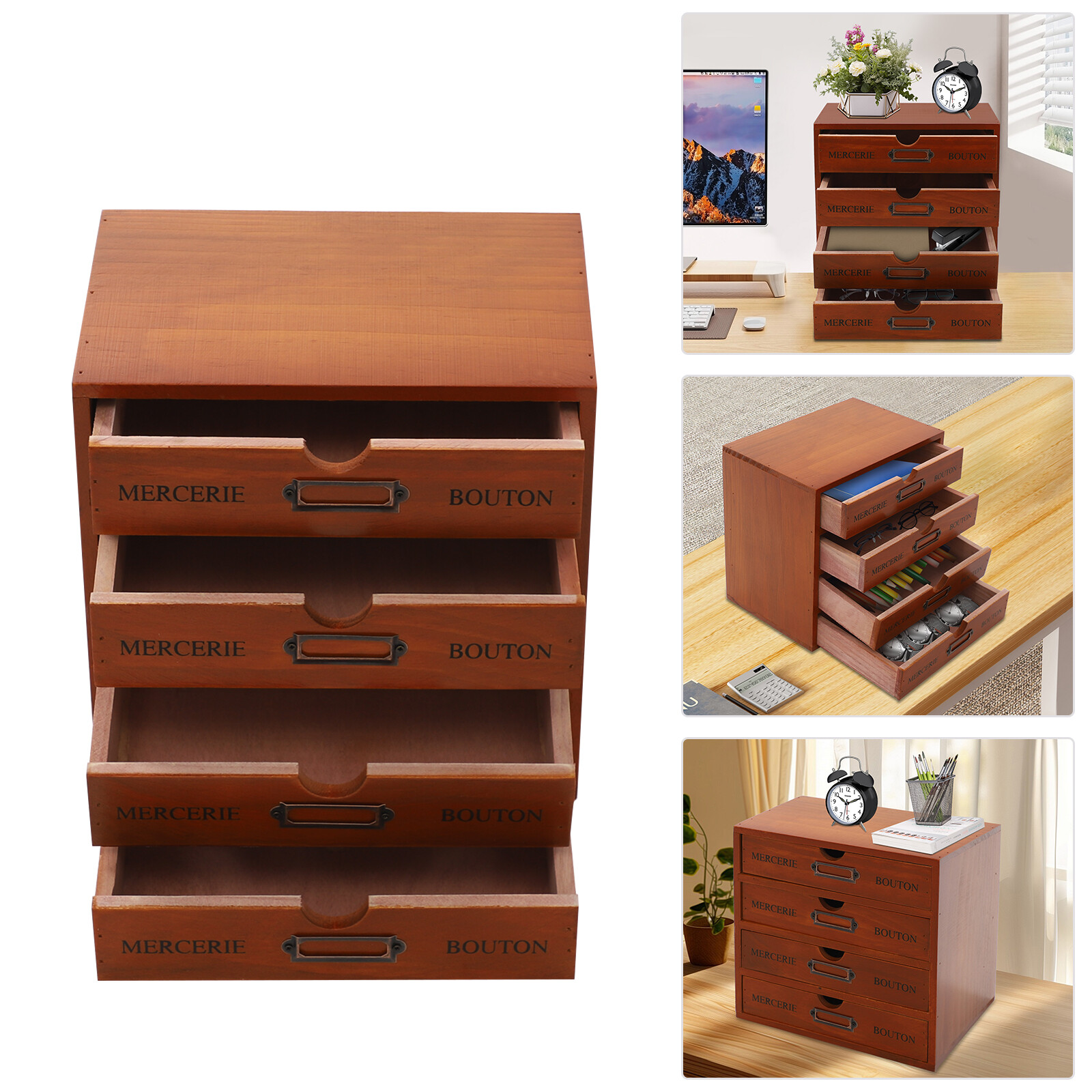 Desk Organizer with 4 Drawers, Vintage Wooden Storage Box Drawer Organizer NEW