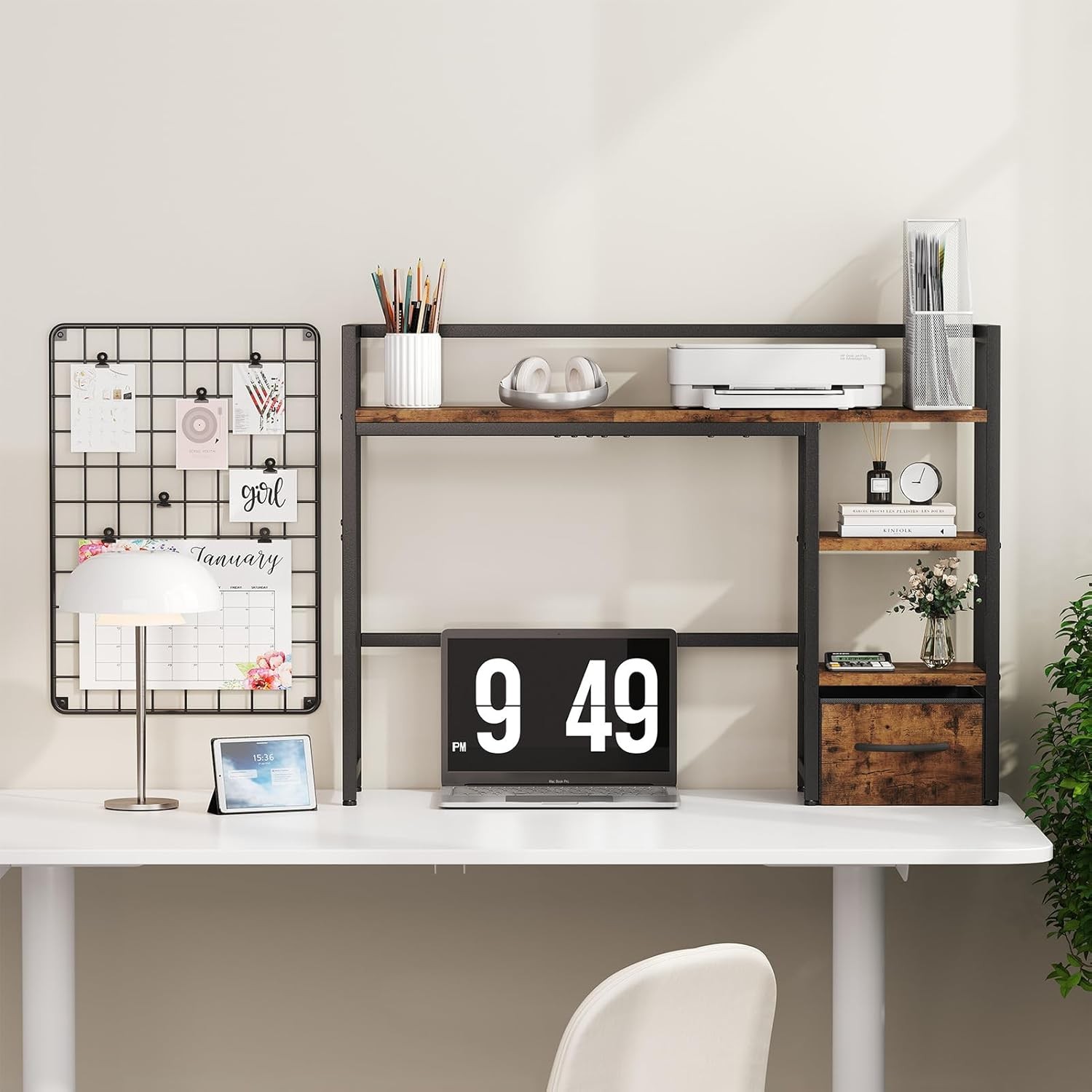 Marbrasse Desk Shelf with Drawer, 40″ 40″L × 9.5″W × 29.5″H, Dark Brown