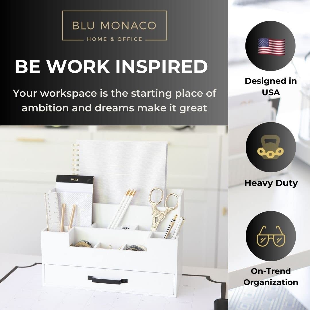 BLU MONACO White Wooden Desk Organizer With Drawer | Desktop Storage With Dra…