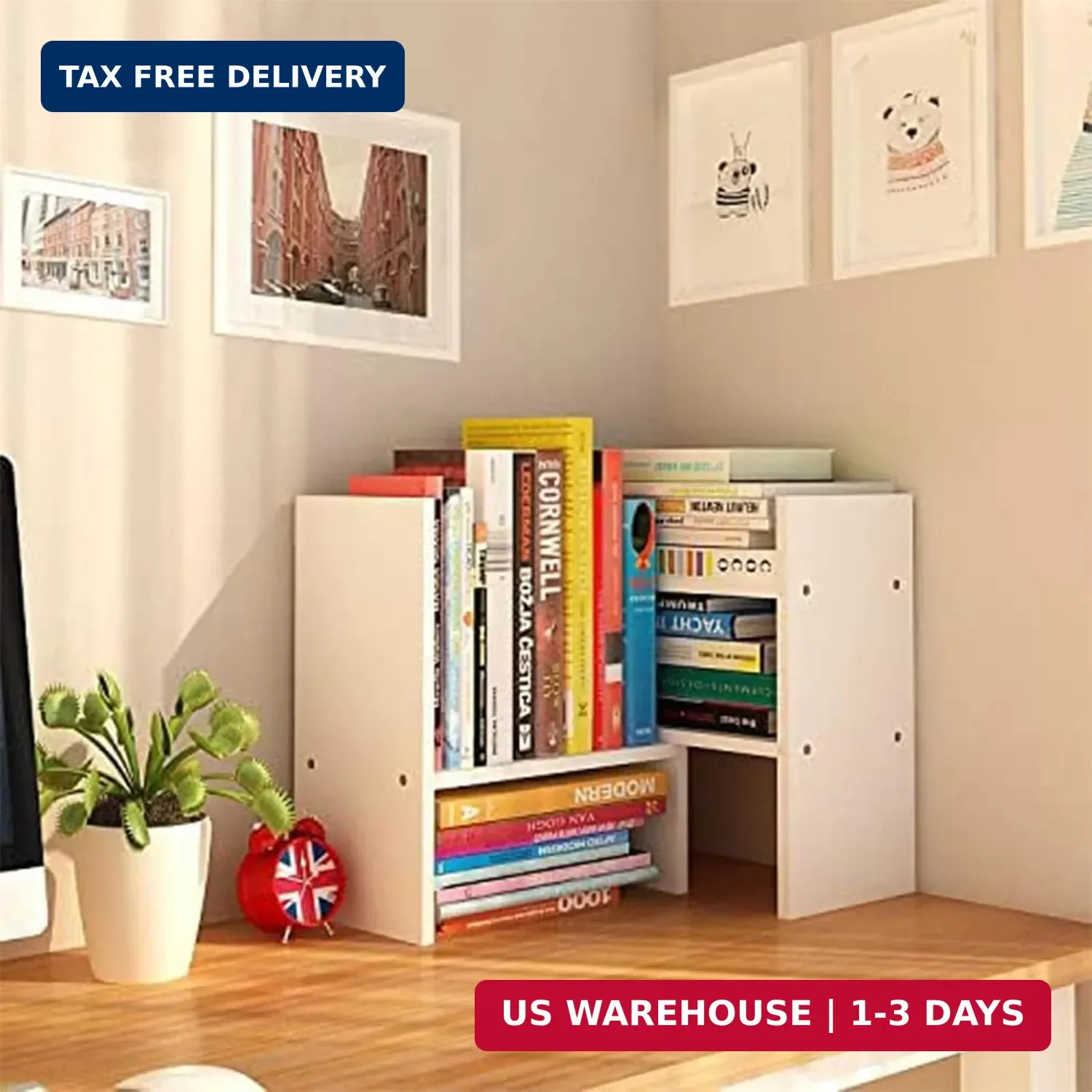 Desktop Shelf Organizer, Adjustable Wood Office Storage Rack, Counter Display Sm