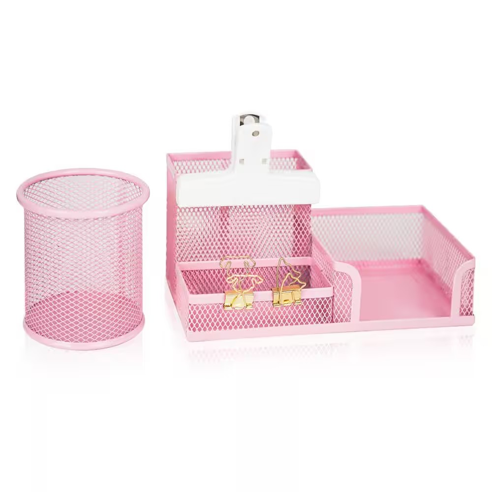 1-Pack Mesh Desk Organizer with Pencil Cup, 3 Compartments, Sticky Note Holder,