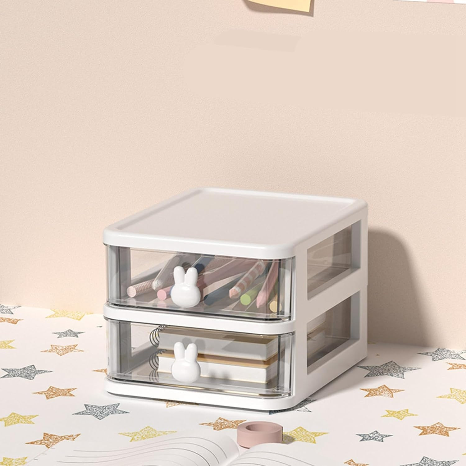 Large Capacity Transparent Plastic Desk Organizer with Bunny Handle, Multi-Tier