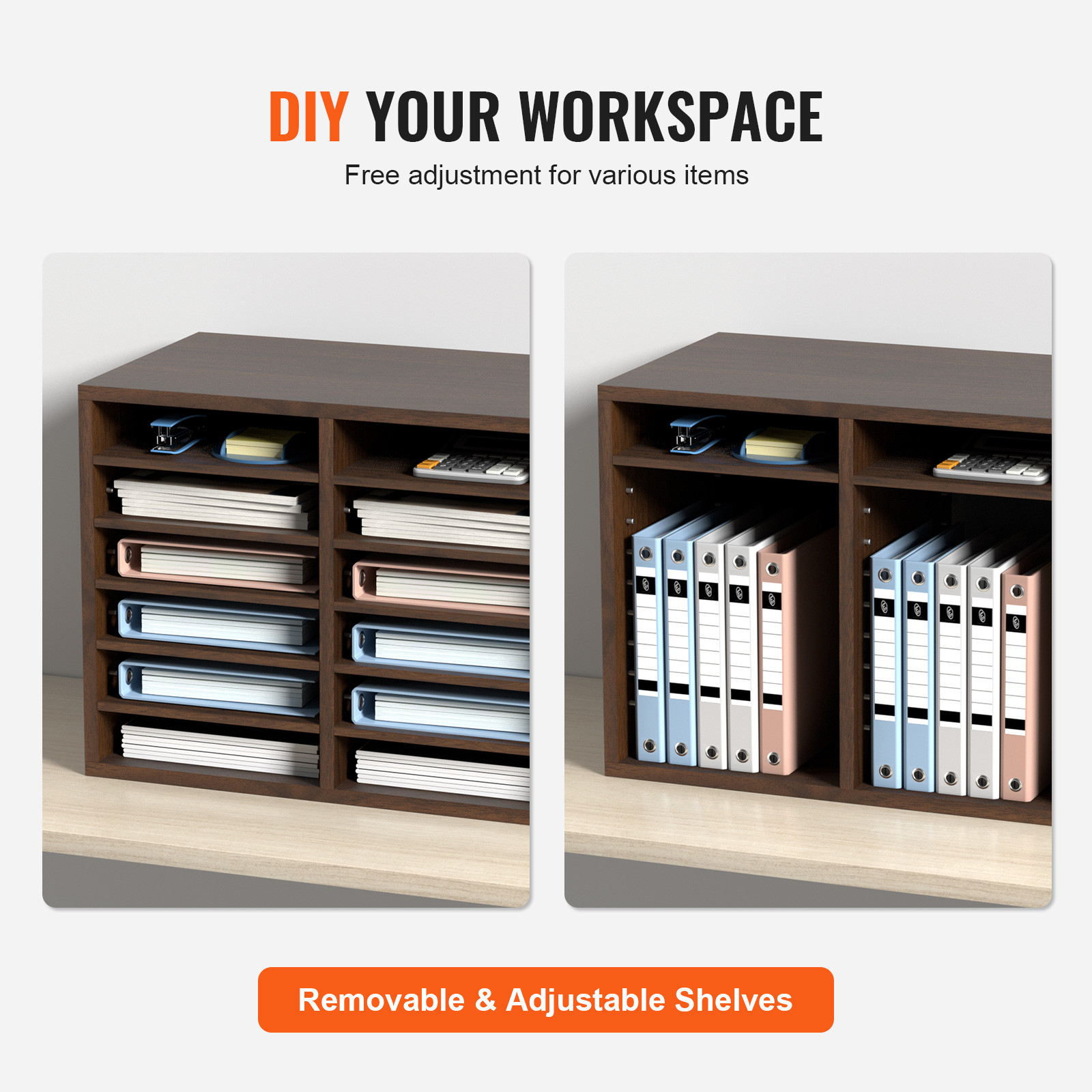 VEVOR Wood Literature Organizer Adjustable File Sorter 12 Compartments Brown