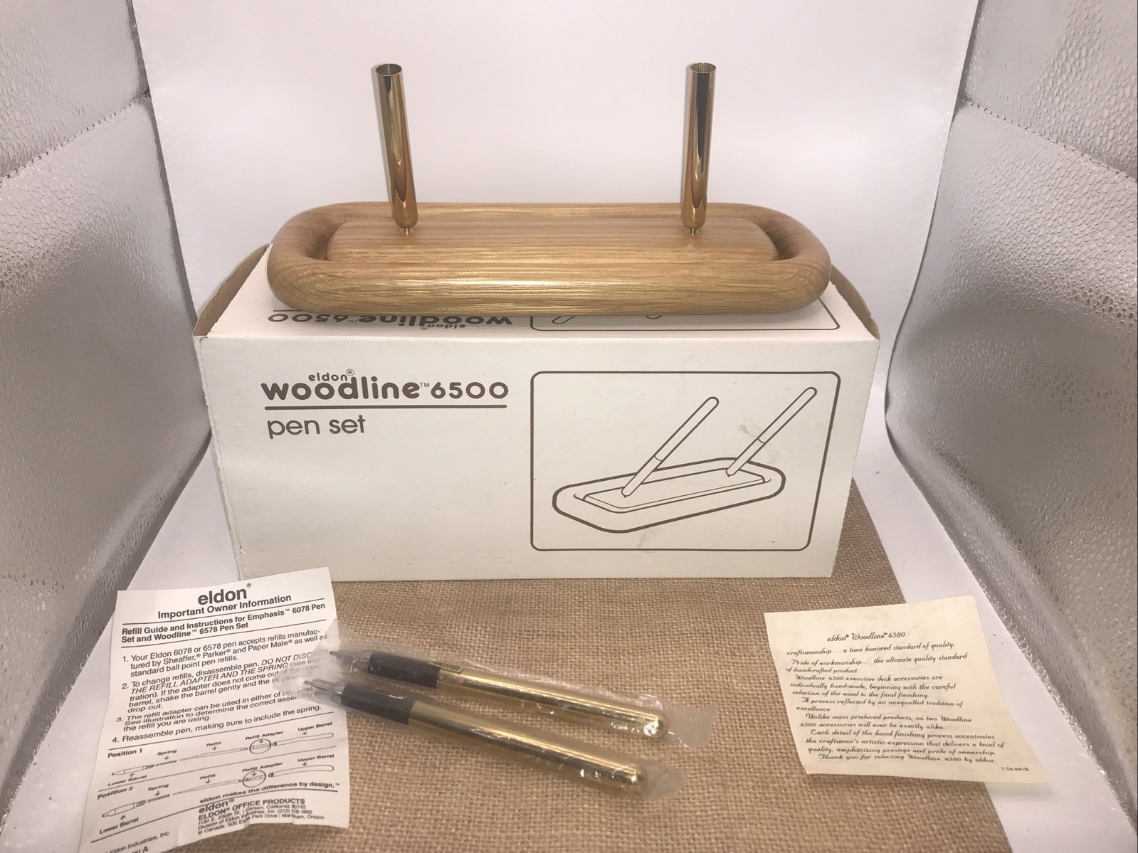 Vintage Eldon 1980’s Woodline 6500 Oak+Brass PEN HOLDER AND PENS NEW OLD STOCK