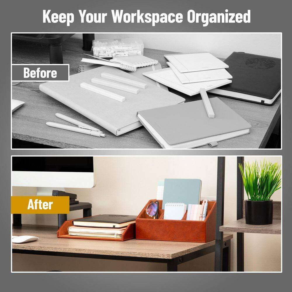 Brown 13.25 In. W X 5.25 In. H Polyurethane Leather Stackable Desk Organizer and