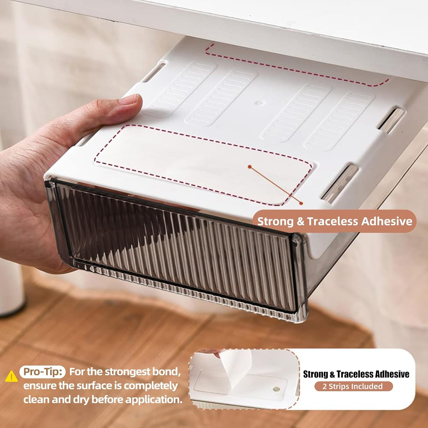 2Pcs under Desk Storage Drawers Slide Out,Large&Medium, Stick on Desk Drawer Org