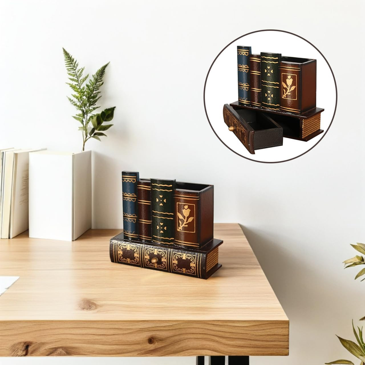 Kisangel Retro Wooden Pen Holder with Drawer Vintage Pencil Container Compact