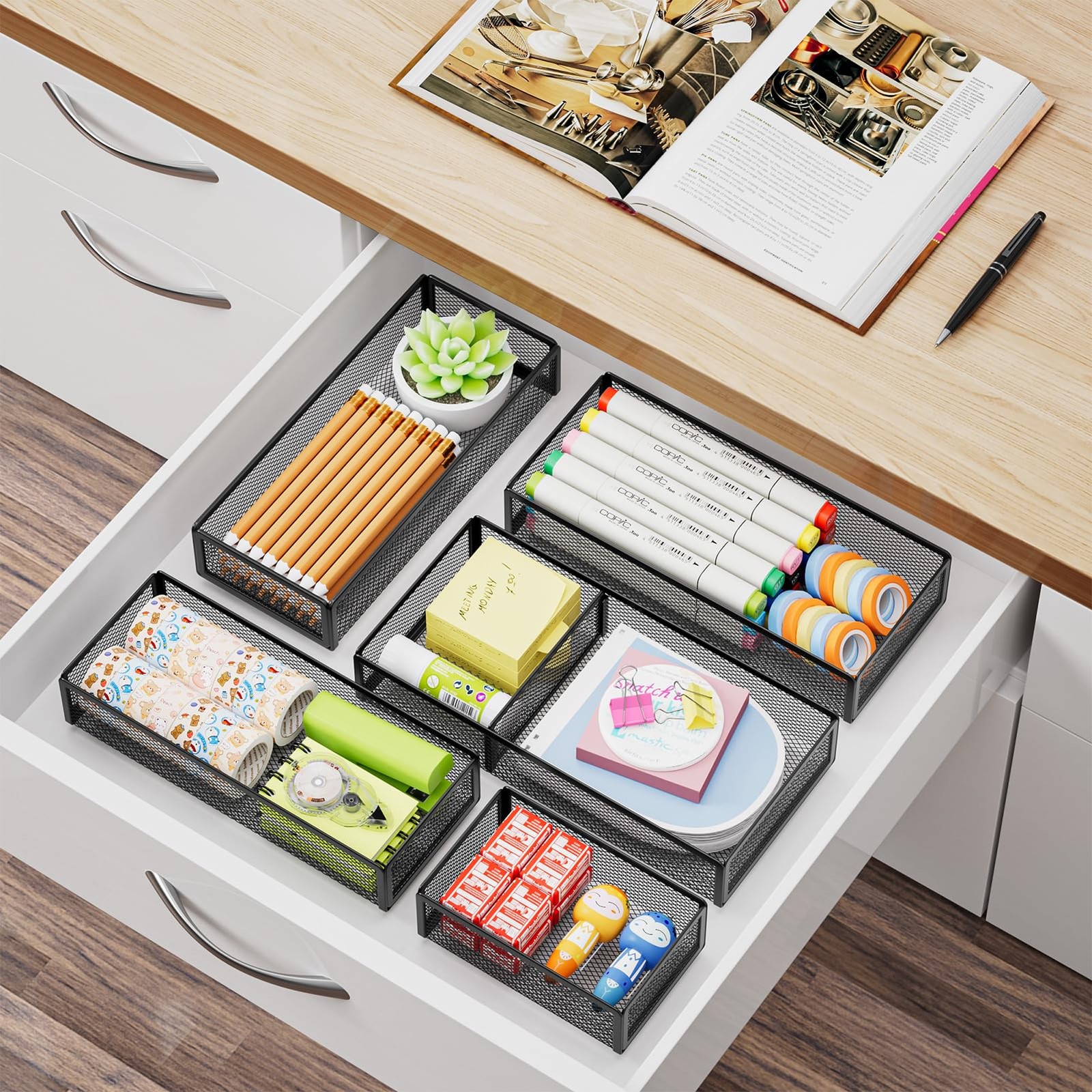 5 Pack Desk Drawer Organizer Set, Mesh Drawer Storage Trays with 1 Adjustable…