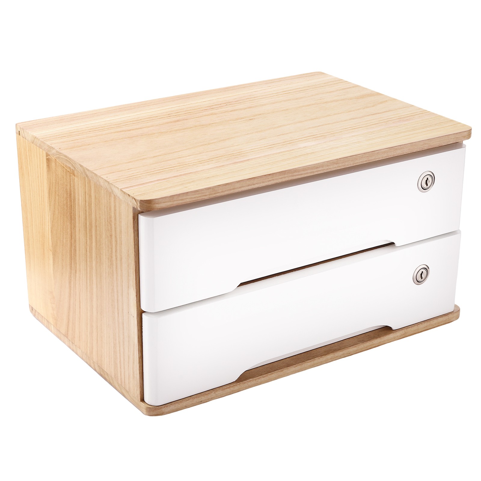 2 Tier Desktop Organizer with 2 Lockable Drawers Wooden Desk Storage Box
